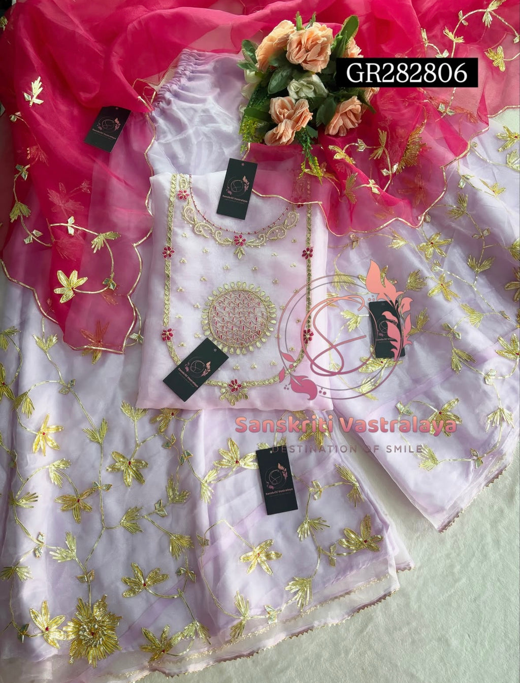 GHARARA  SET IN lavender pink   | GOTA PATTI ZARDOSHI HANDWORK WORK 3 PC ORGANZA GHARARA GR282806