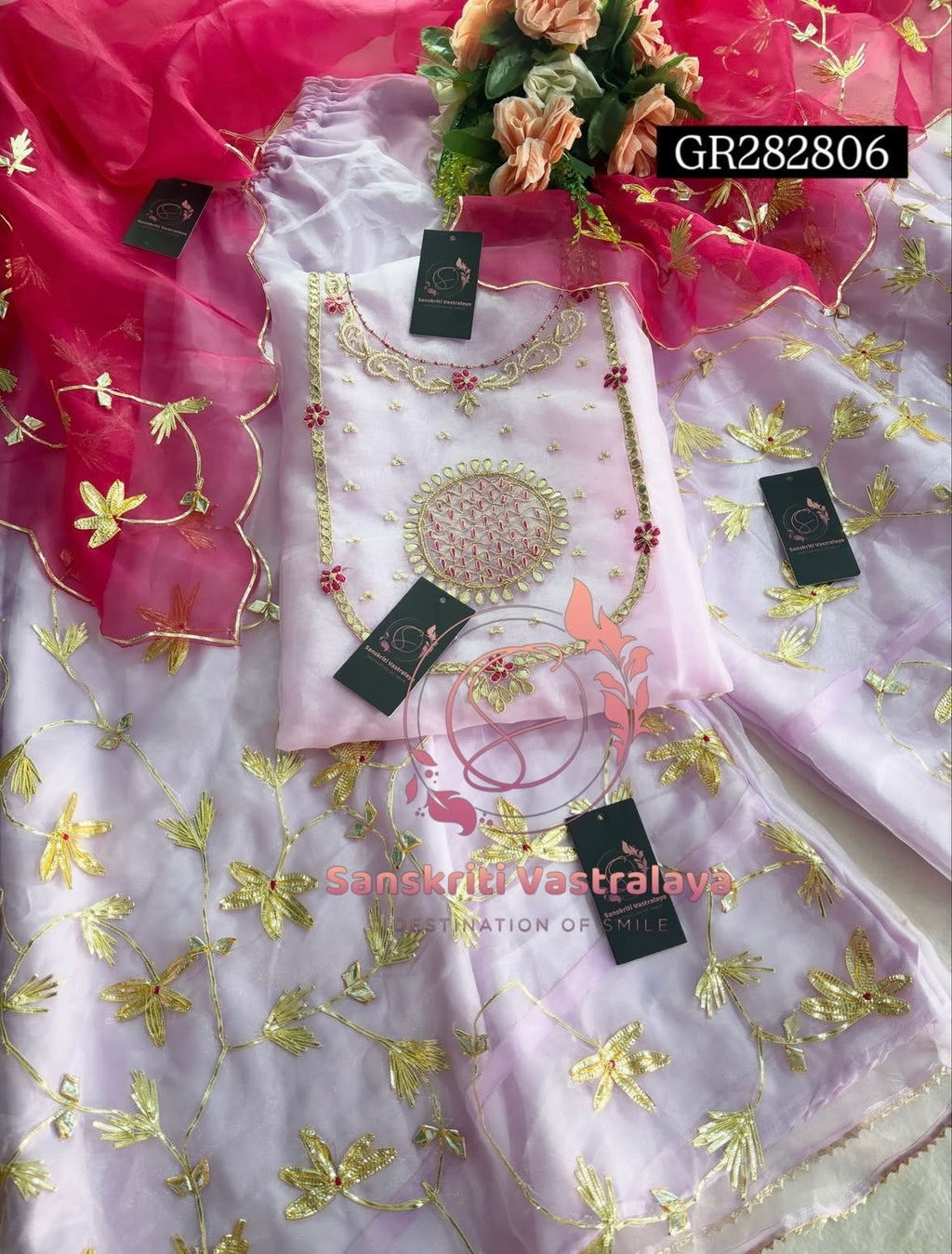 GHARARA  SET IN lavender pink   | GOTA PATTI ZARDOSHI HANDWORK WORK 3 PC ORGANZA GHARARA GR282806