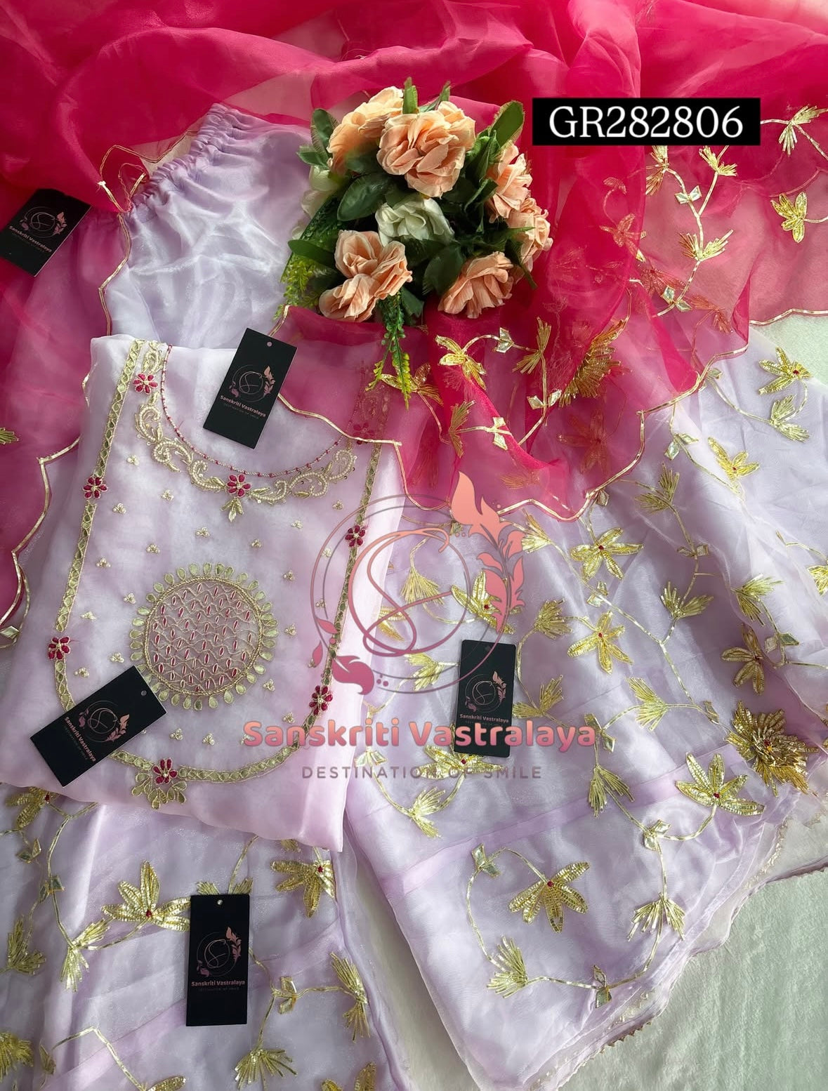 GHARARA  SET IN lavender pink   | GOTA PATTI ZARDOSHI HANDWORK WORK 3 PC ORGANZA GHARARA GR282806