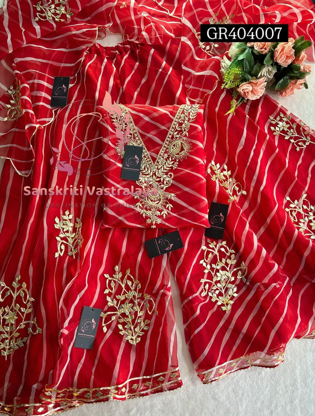 GHARARA  SET IN RED LAHARIYA | GOTA PATTI ZARDOSHI HANDWORK WORK 3 PC ORGANZA GHARARA GR404007