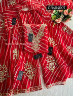 GHARARA  SET IN RED LAHARIYA | GOTA PATTI ZARDOSHI HANDWORK WORK 3 PC ORGANZA GHARARA GR404007