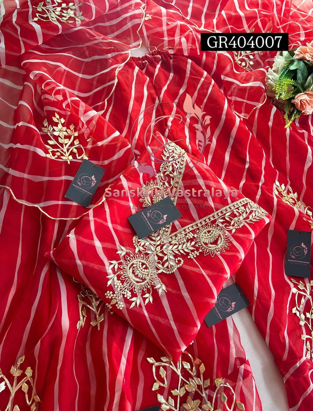 GHARARA  SET IN RED LAHARIYA | GOTA PATTI ZARDOSHI HANDWORK WORK 3 PC ORGANZA GHARARA GR404007