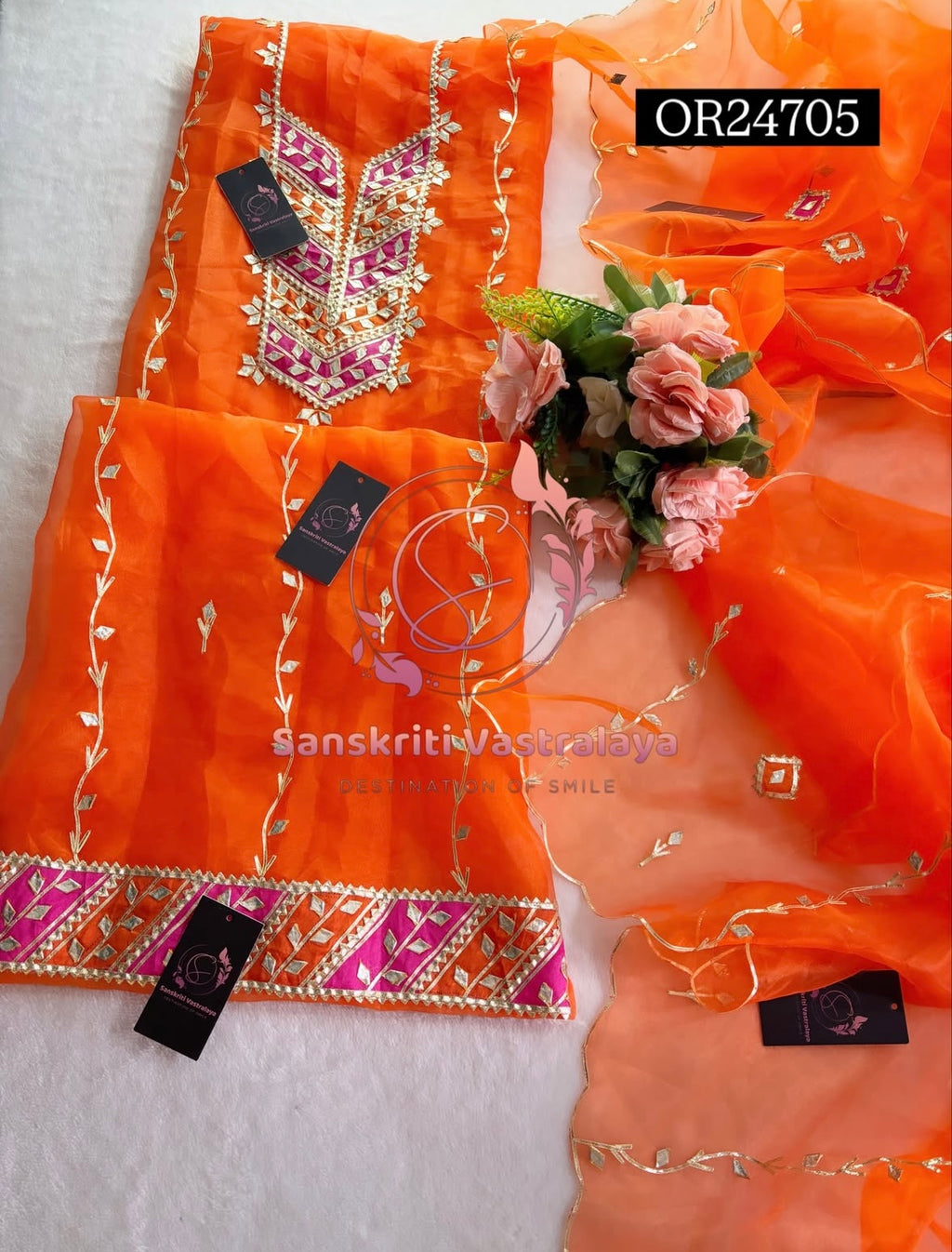 ORGANZA GOTA PATTI  Handwork 3pc ORANGE 3UNSTICHED TISSUE ORGANZA Suit jaipuri GOTA PATTI  OR24705