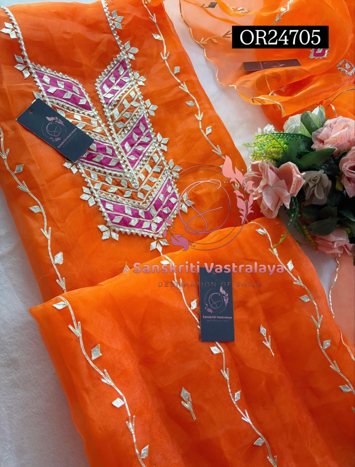 ORGANZA GOTA PATTI  Handwork 3pc ORANGE 3UNSTICHED TISSUE ORGANZA Suit jaipuri GOTA PATTI  OR24705