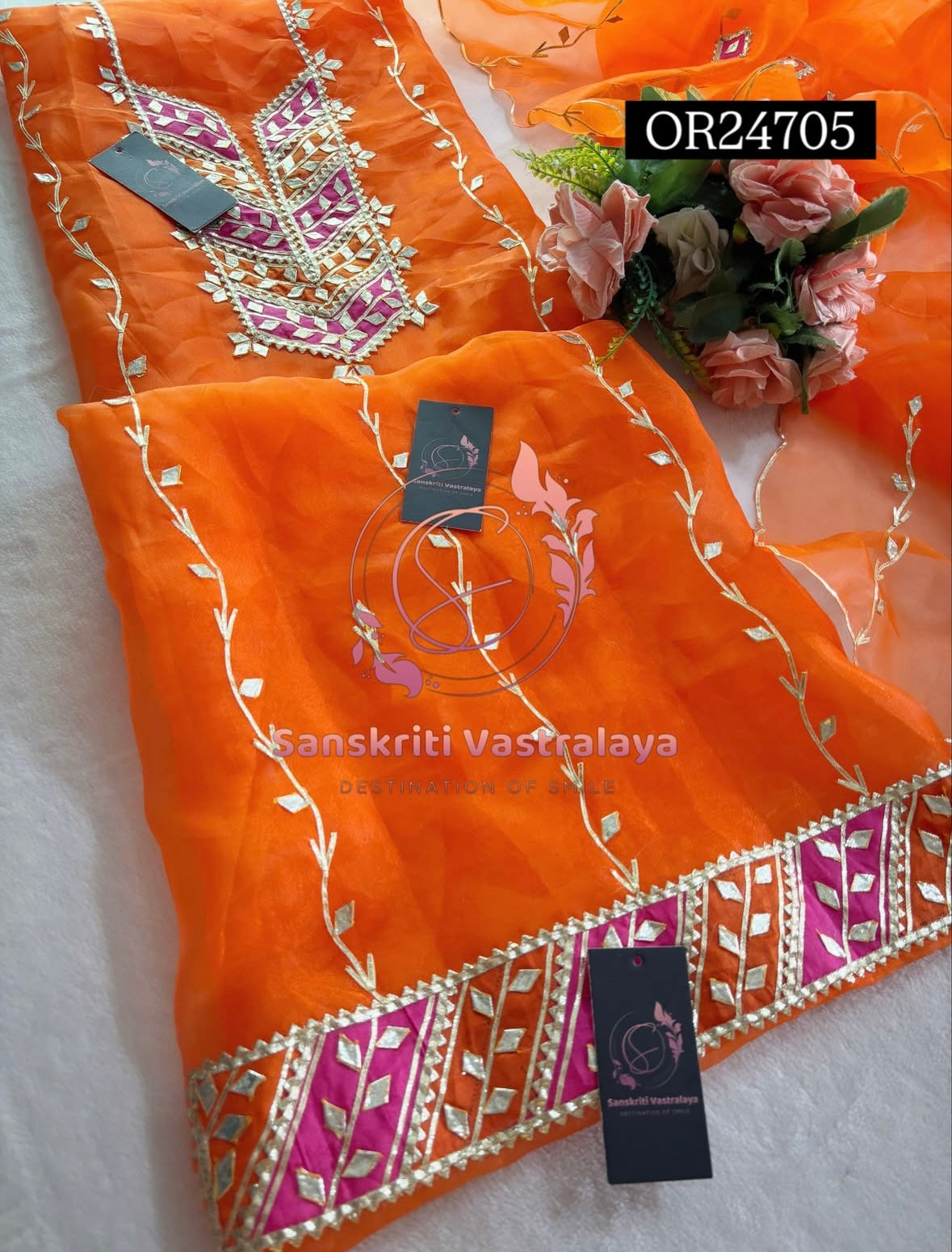 ORGANZA GOTA PATTI  Handwork 3pc ORANGE 3UNSTICHED TISSUE ORGANZA Suit jaipuri GOTA PATTI  OR24705