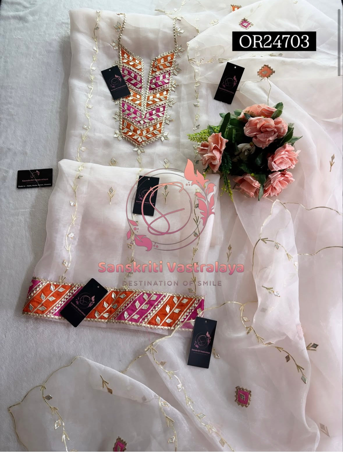 ORGANZA GOTA PATTI  Handwork 3pc BABYPINK 3UNSTICHED TISSUE ORGANZA Suit jaipuri GOTA PATTI  OR24703