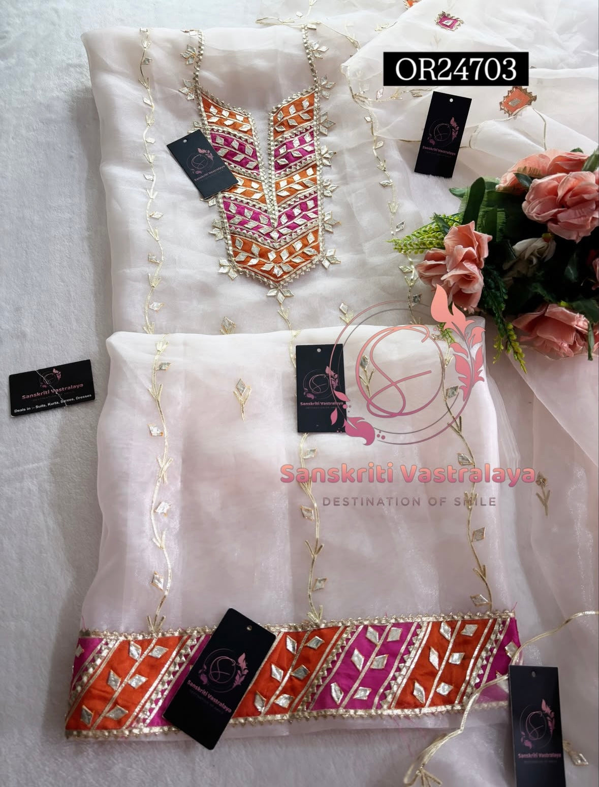 ORGANZA GOTA PATTI  Handwork 3pc BABYPINK 3UNSTICHED TISSUE ORGANZA Suit jaipuri GOTA PATTI  OR24703