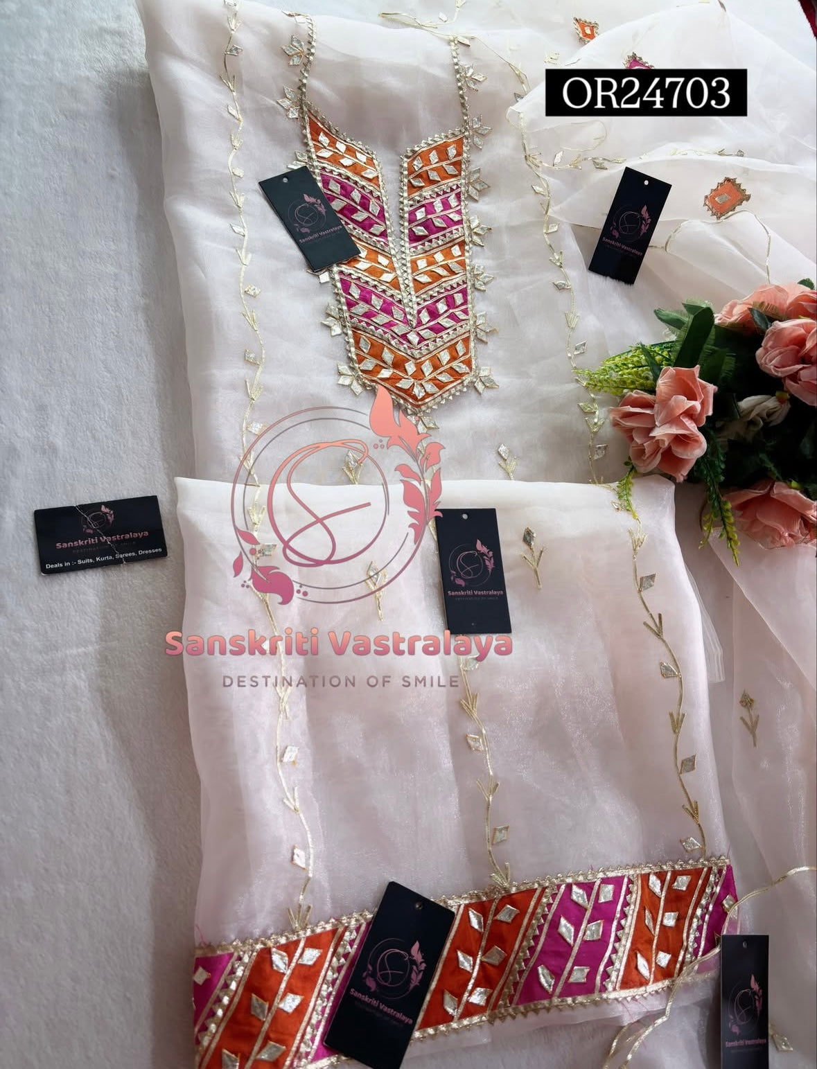 ORGANZA GOTA PATTI  Handwork 3pc BABYPINK 3UNSTICHED TISSUE ORGANZA Suit jaipuri GOTA PATTI  OR24703