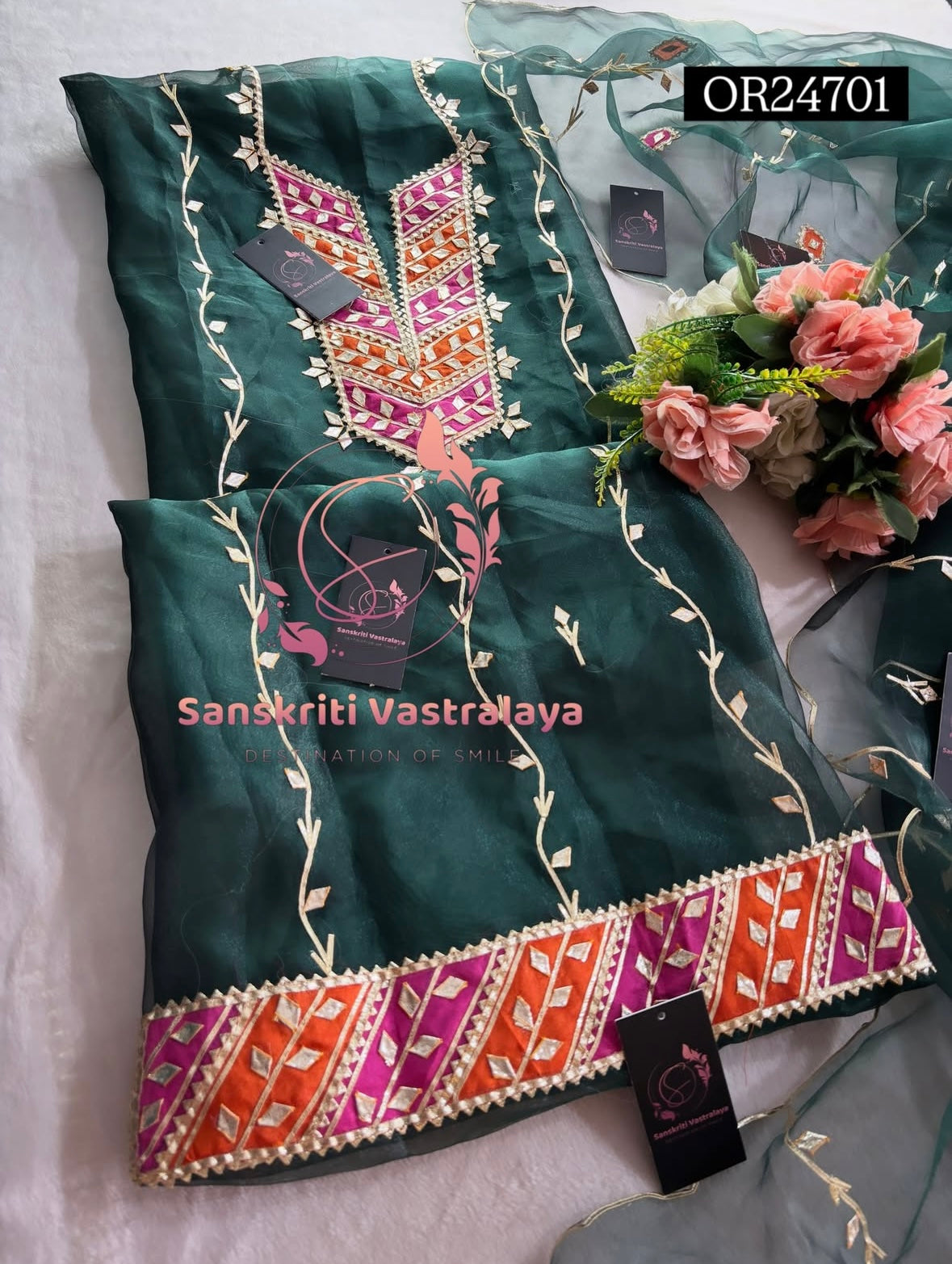 ORGANZA GOTA PATTI  Handwork 3pc BOTTLE GREEN 3UNSTICHED TISSUE ORGANZA Suit jaipuri GOTA PATTI  OR24701