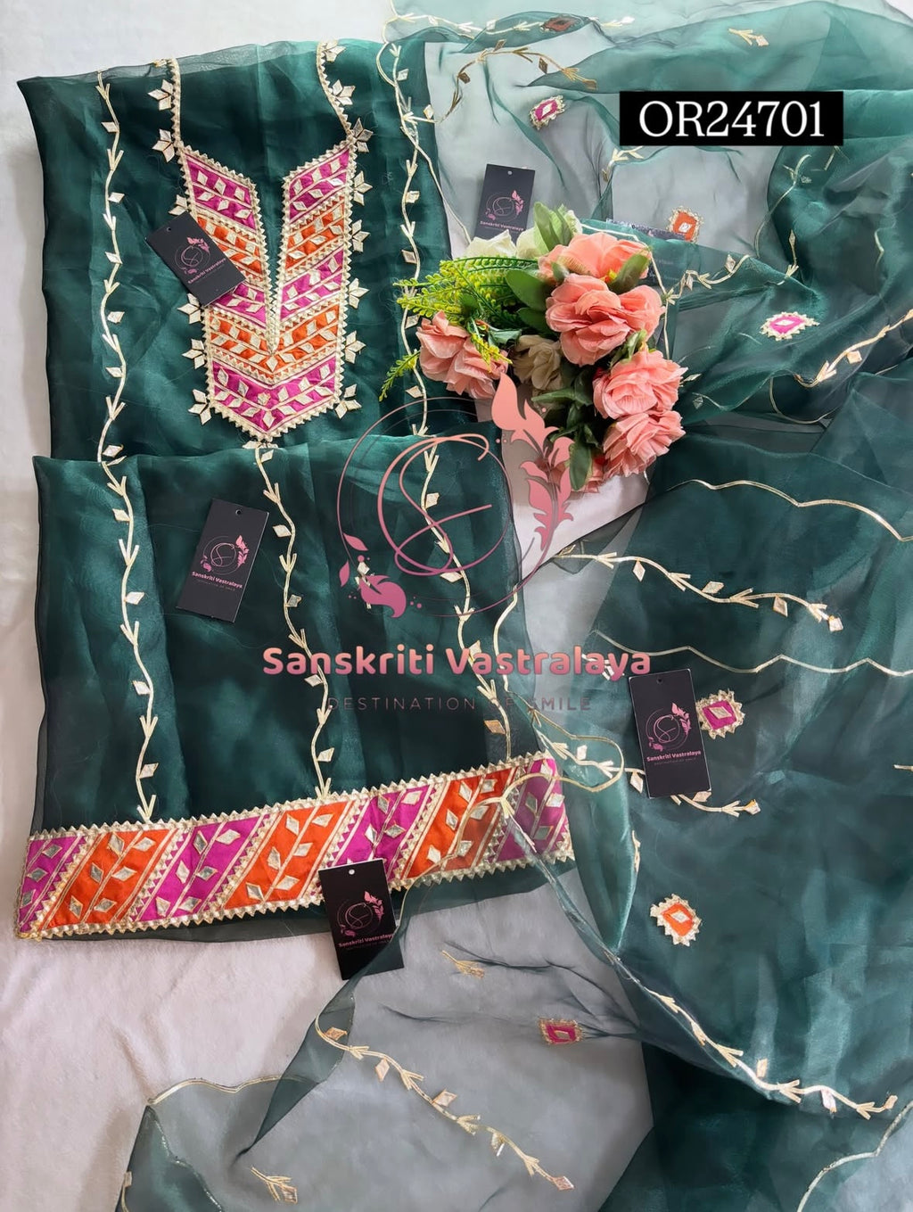 ORGANZA GOTA PATTI  Handwork 3pc BOTTLE GREEN 3UNSTICHED TISSUE ORGANZA Suit jaipuri GOTA PATTI  OR24701