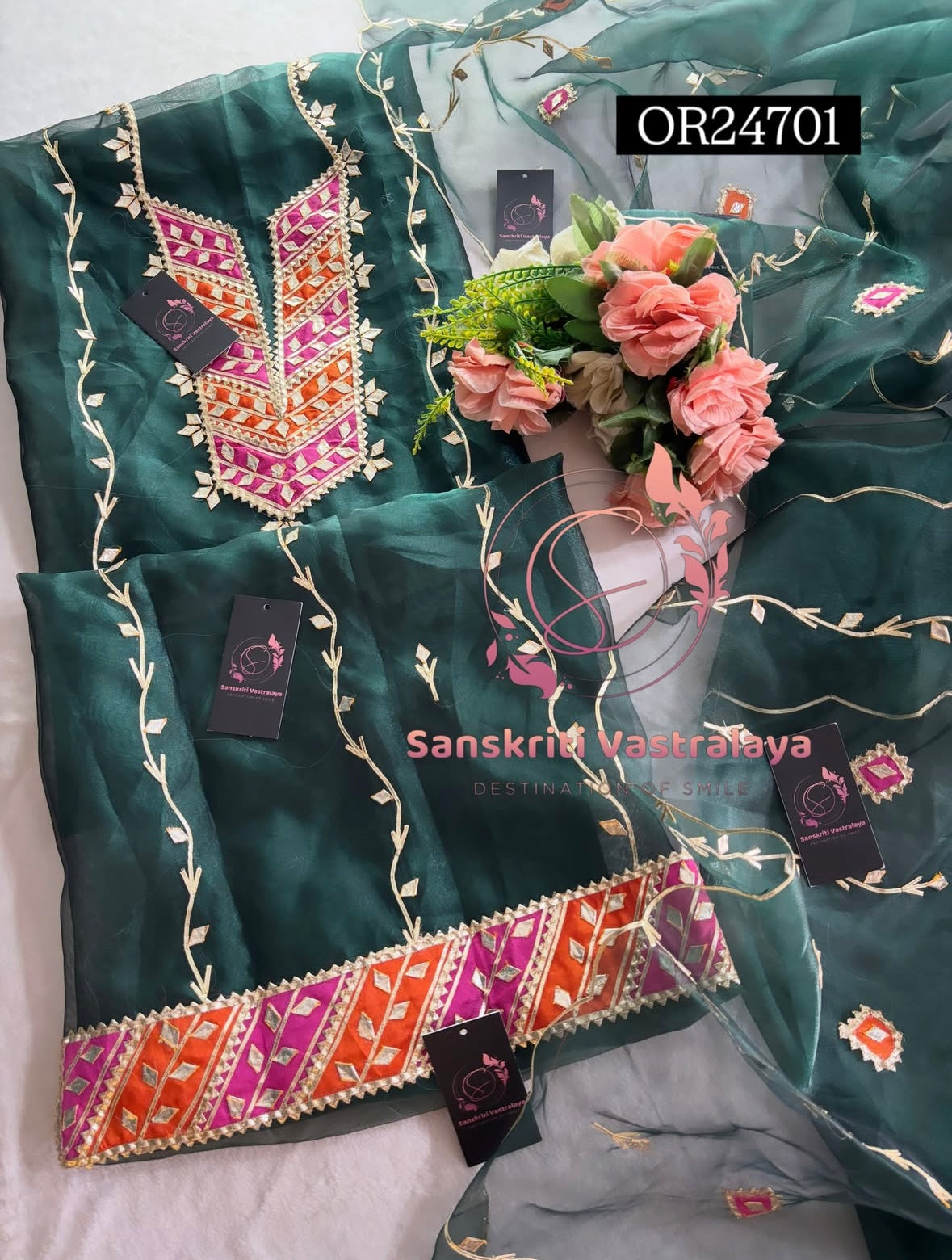 ORGANZA GOTA PATTI  Handwork 3pc BOTTLE GREEN 3UNSTICHED TISSUE ORGANZA Suit jaipuri GOTA PATTI  OR24701