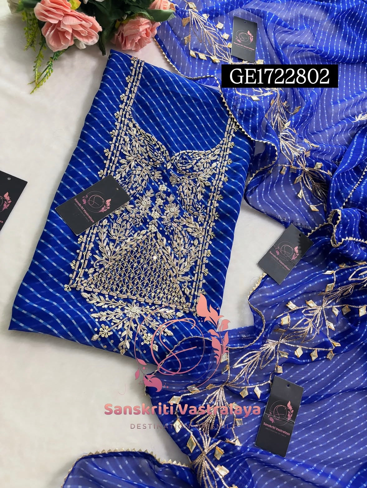 GEORGETTE ZARDOSHI HANDWORK ROYAL BLUE MOTHRA  3pc UNSTICHED SUIT JAIPURI GOTA PATTI  GE1722802
