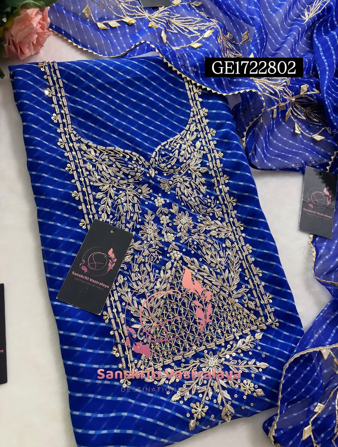 GEORGETTE ZARDOSHI HANDWORK ROYAL BLUE MOTHRA  3pc UNSTICHED SUIT JAIPURI GOTA PATTI  GE1722802