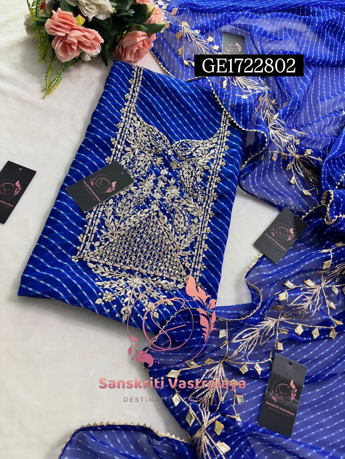 GEORGETTE ZARDOSHI HANDWORK ROYAL BLUE MOTHRA  3pc UNSTICHED SUIT JAIPURI GOTA PATTI  GE1722802