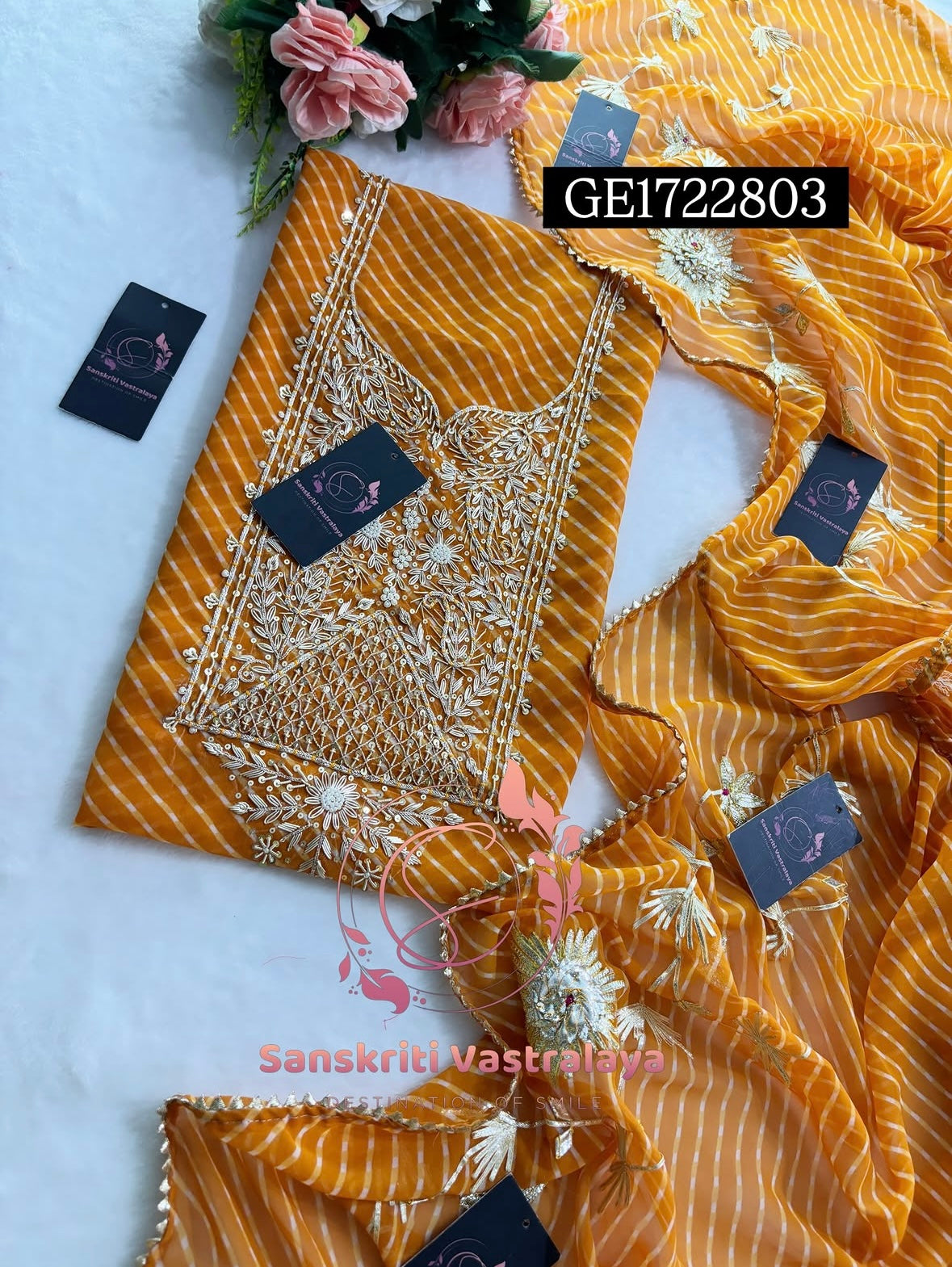GEORGETTE Zardogi Handwork 3pc MUSTURD YELLOW UNSTICHED Suit jaipuri GOTA PATTI  GE1722803
