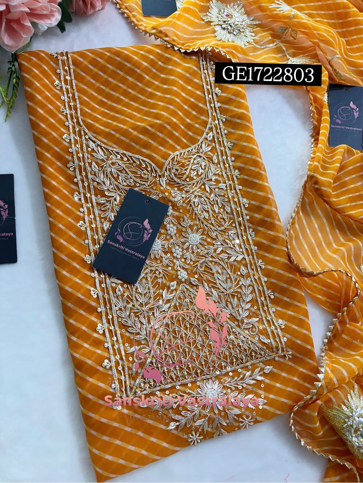 GEORGETTE Zardogi Handwork 3pc MUSTURD YELLOW UNSTICHED Suit jaipuri GOTA PATTI  GE1722803
