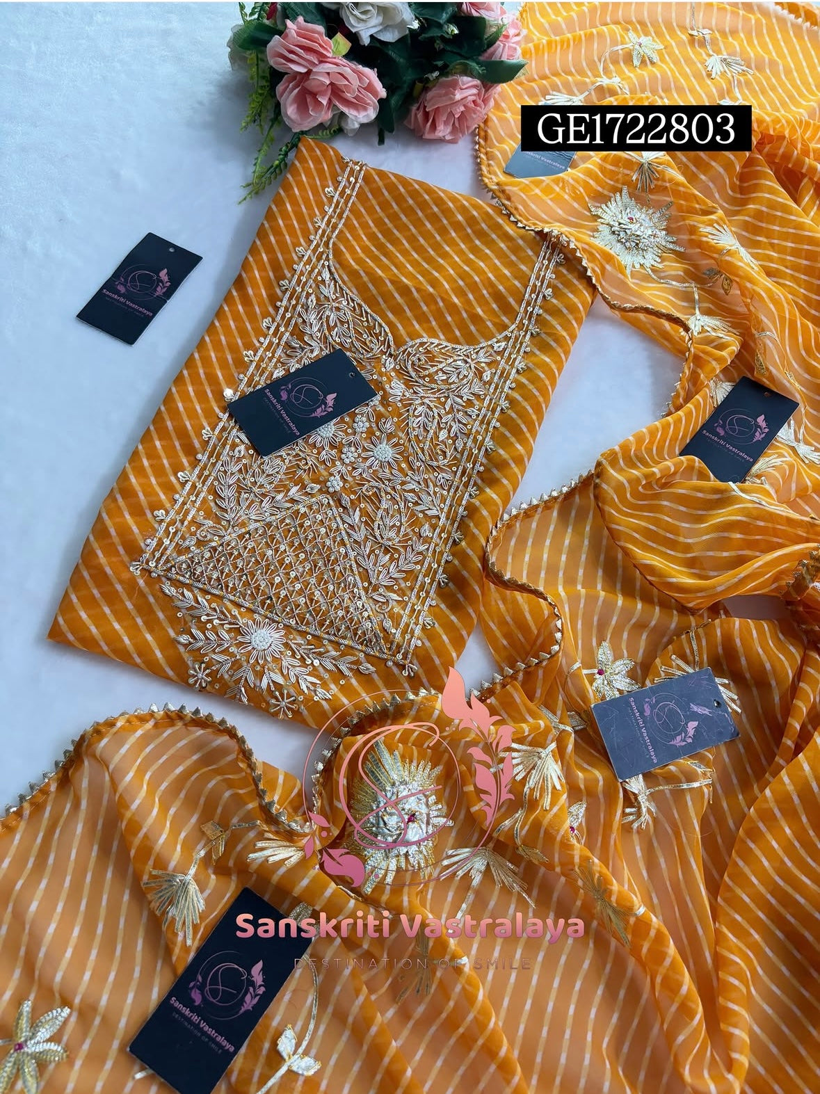 GEORGETTE Zardogi Handwork 3pc MUSTURD YELLOW UNSTICHED Suit jaipuri GOTA PATTI  GE1722803