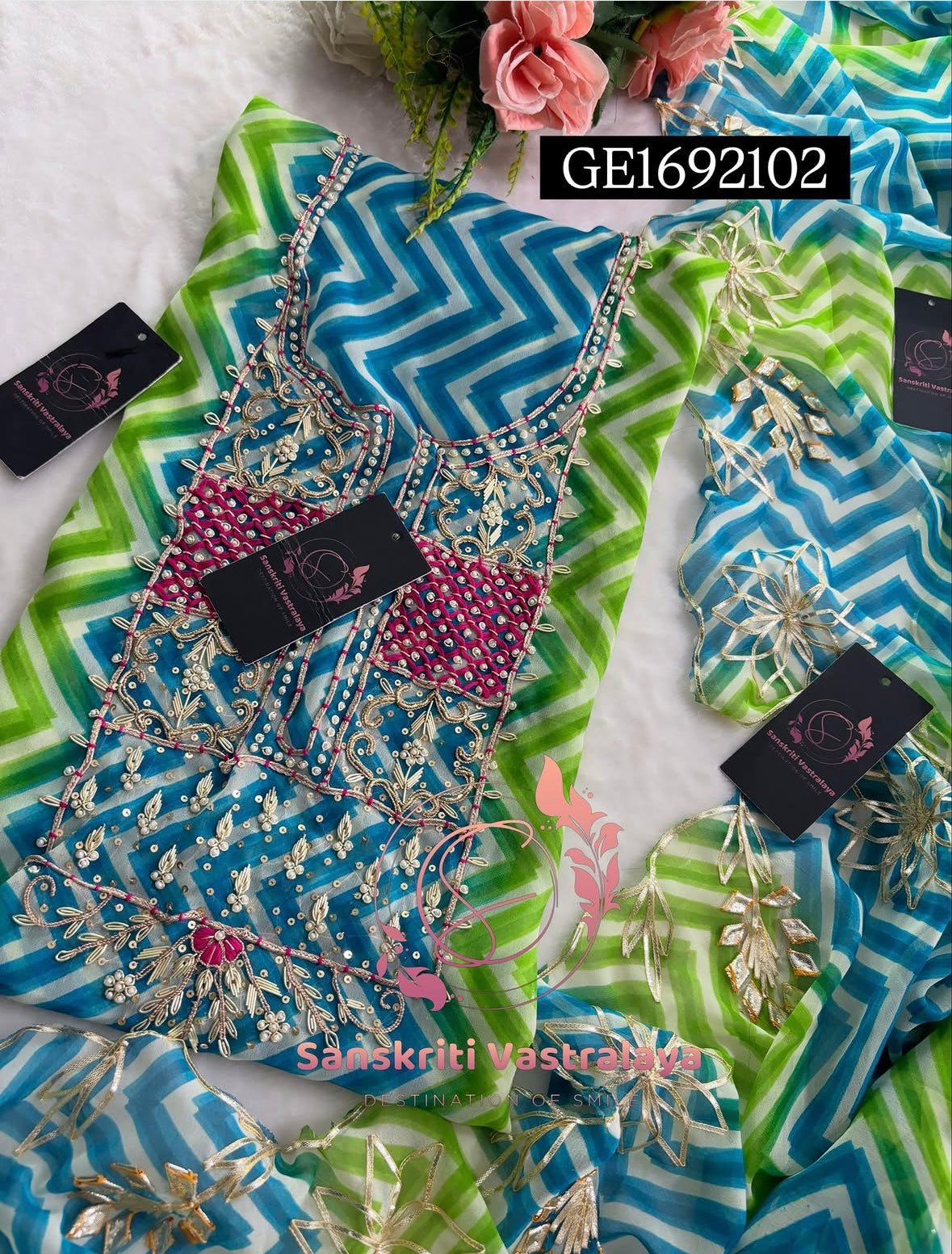 GEORGETTE ZARDOSHI HANDWORK MULTI GREEN BLUE  3pc UNSTICHED SUIT JAIPURI GOTA PATTI  GE1692102