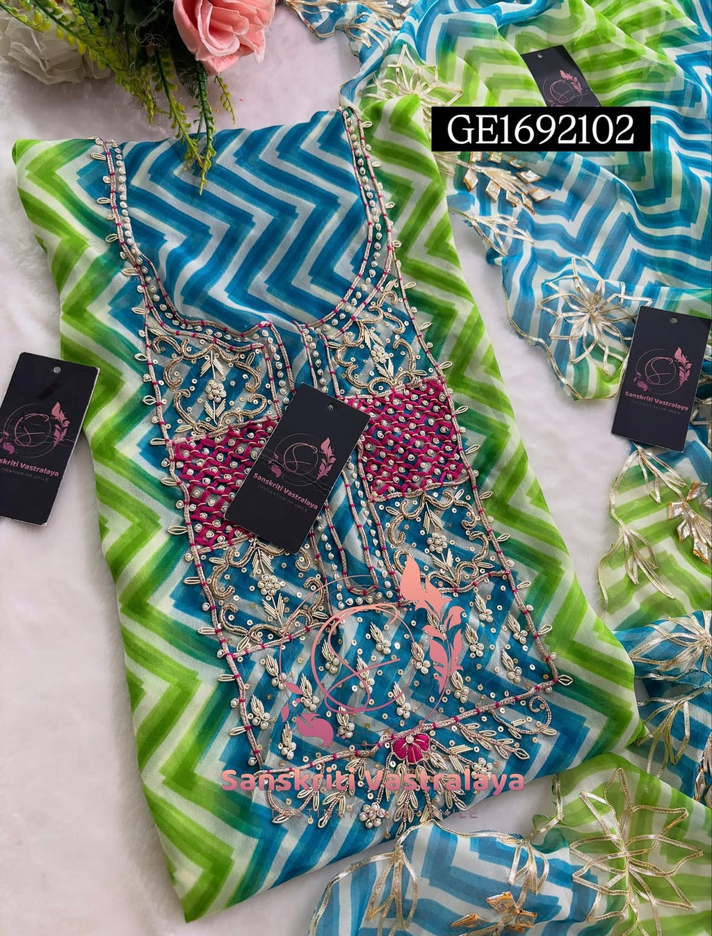 GEORGETTE ZARDOSHI HANDWORK MULTI GREEN BLUE  3pc UNSTICHED SUIT JAIPURI GOTA PATTI  GE1692102
