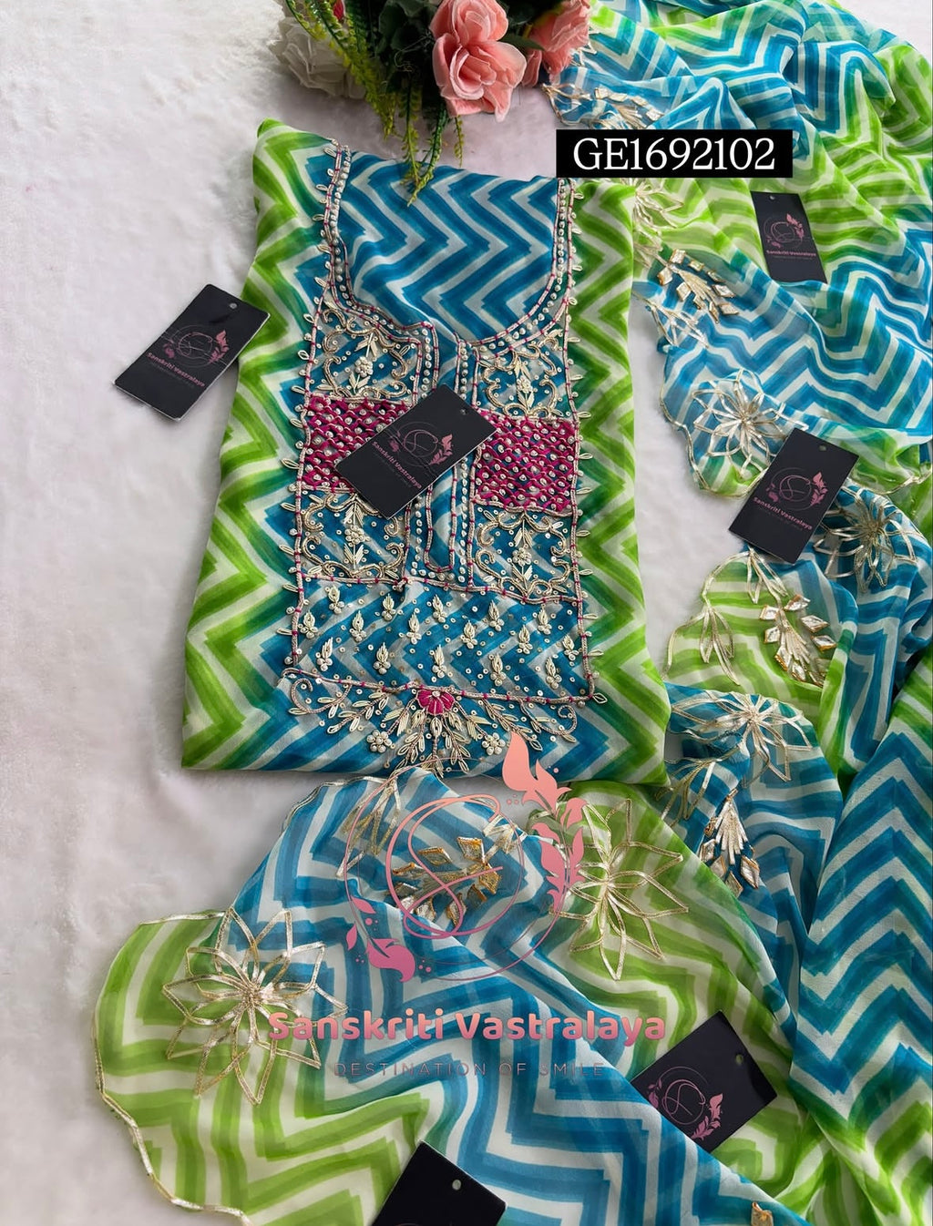 GEORGETTE ZARDOSHI HANDWORK MULTI GREEN BLUE  3pc UNSTICHED SUIT JAIPURI GOTA PATTI  GE1692102