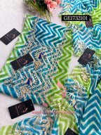 GEORGETTE ZARDOSHI HANDWORK MULTI GREEN BLUE  3pc UNSTICHED SUIT JAIPURI GOTA PATTI  GE1732101