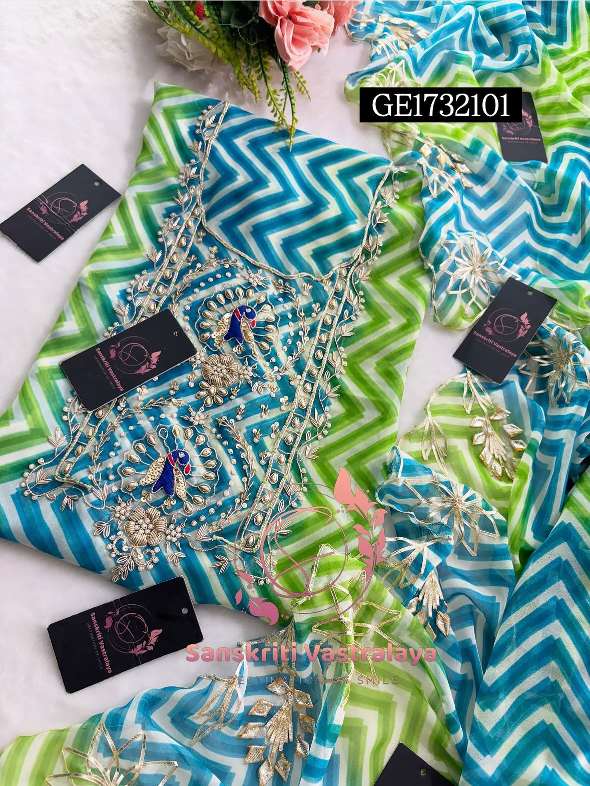 GEORGETTE ZARDOSHI HANDWORK MULTI GREEN BLUE  3pc UNSTICHED SUIT JAIPURI GOTA PATTI  GE1732101
