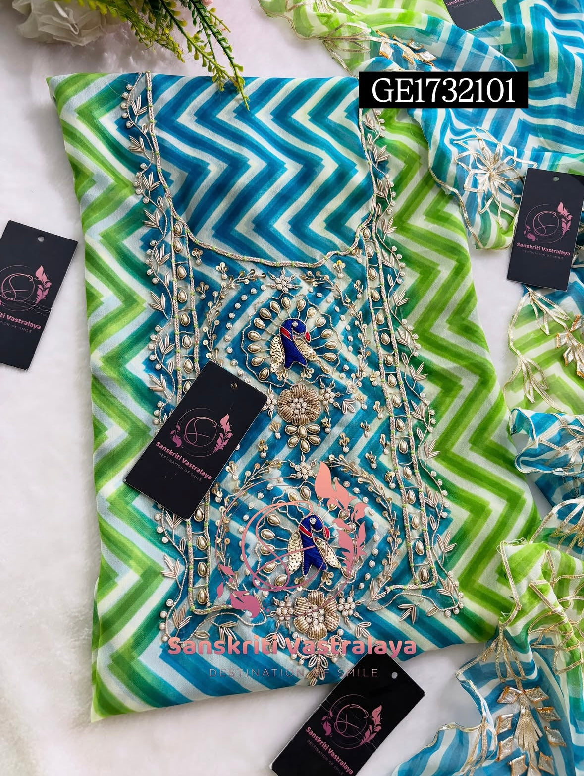 GEORGETTE ZARDOSHI HANDWORK MULTI GREEN BLUE  3pc UNSTICHED SUIT JAIPURI GOTA PATTI  GE1732101