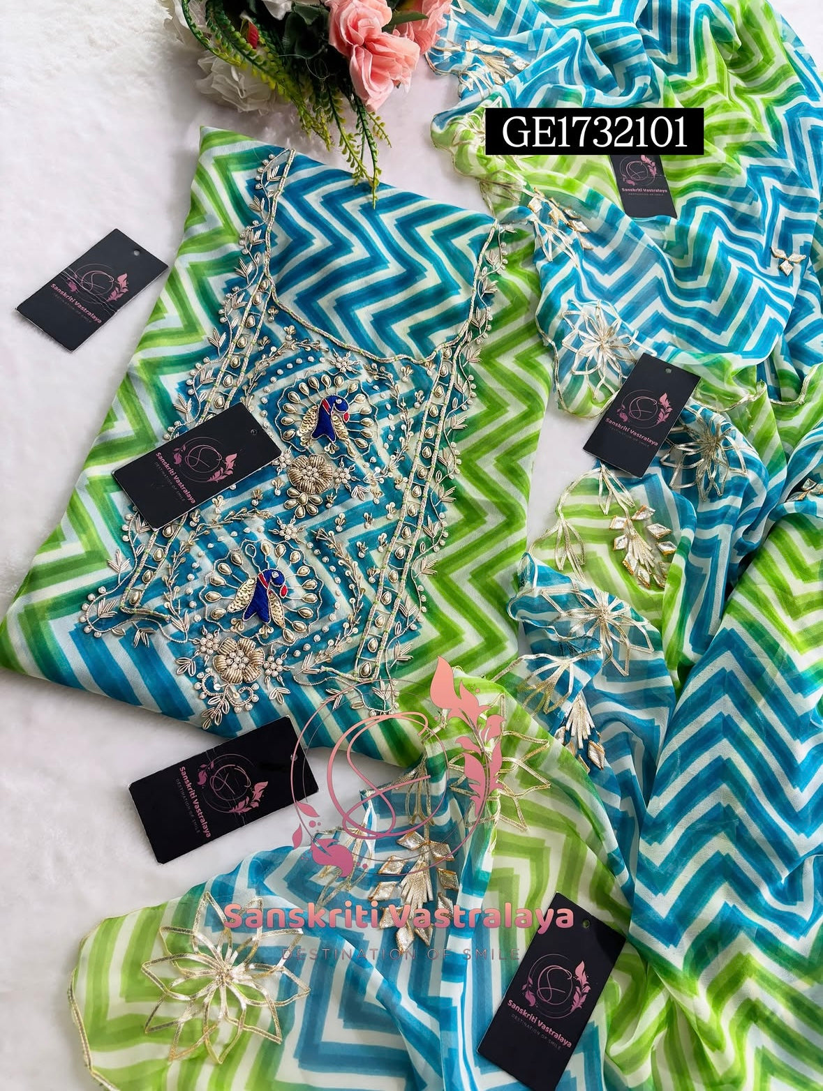 GEORGETTE ZARDOSHI HANDWORK MULTI GREEN BLUE  3pc UNSTICHED SUIT JAIPURI GOTA PATTI  GE1732101