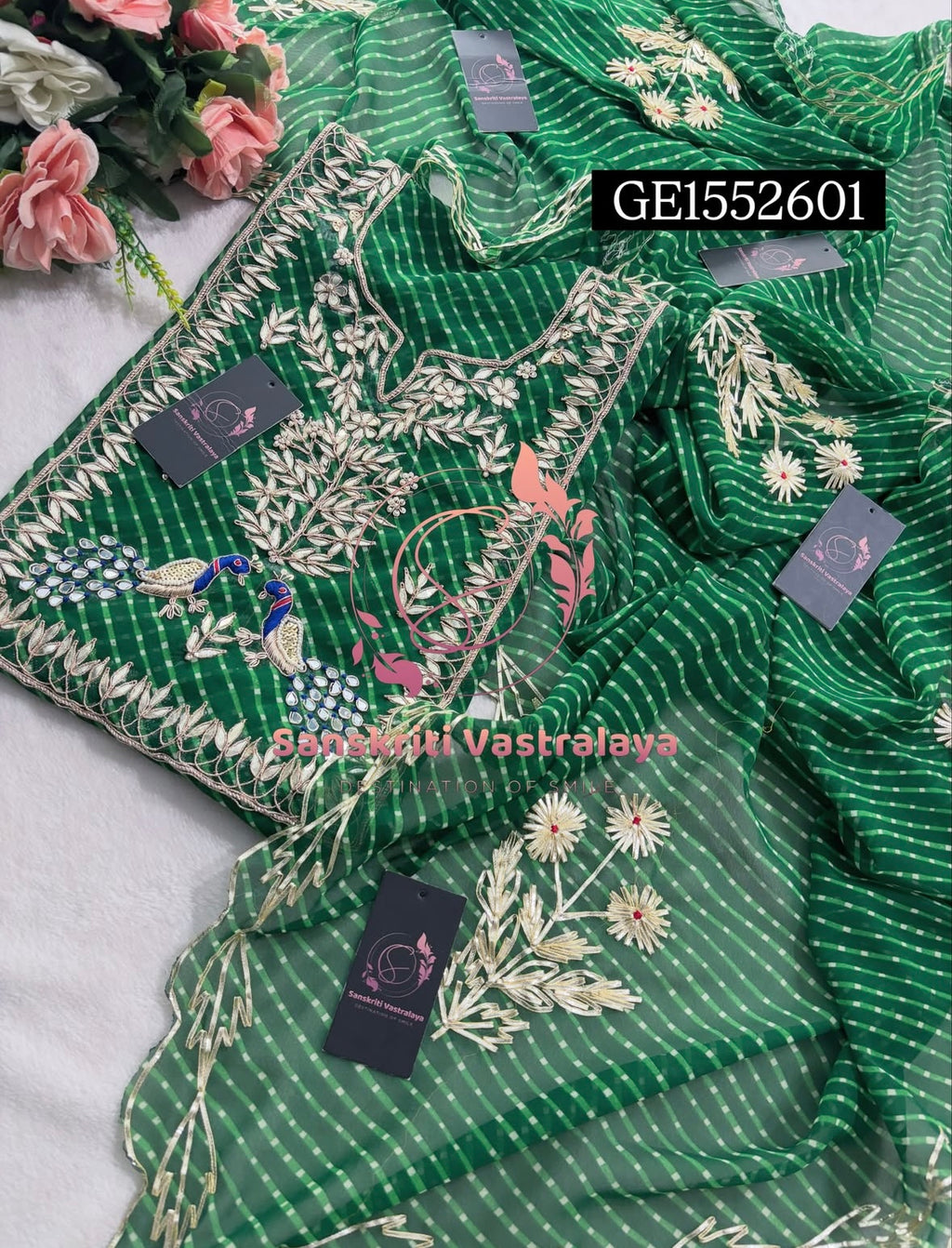 GEORGETTE ZARDOSHI HANDWORK BOTTLE GREEN  3pc UNSTICHED SUIT JAIPURI GOTA PATTI  GE1552601