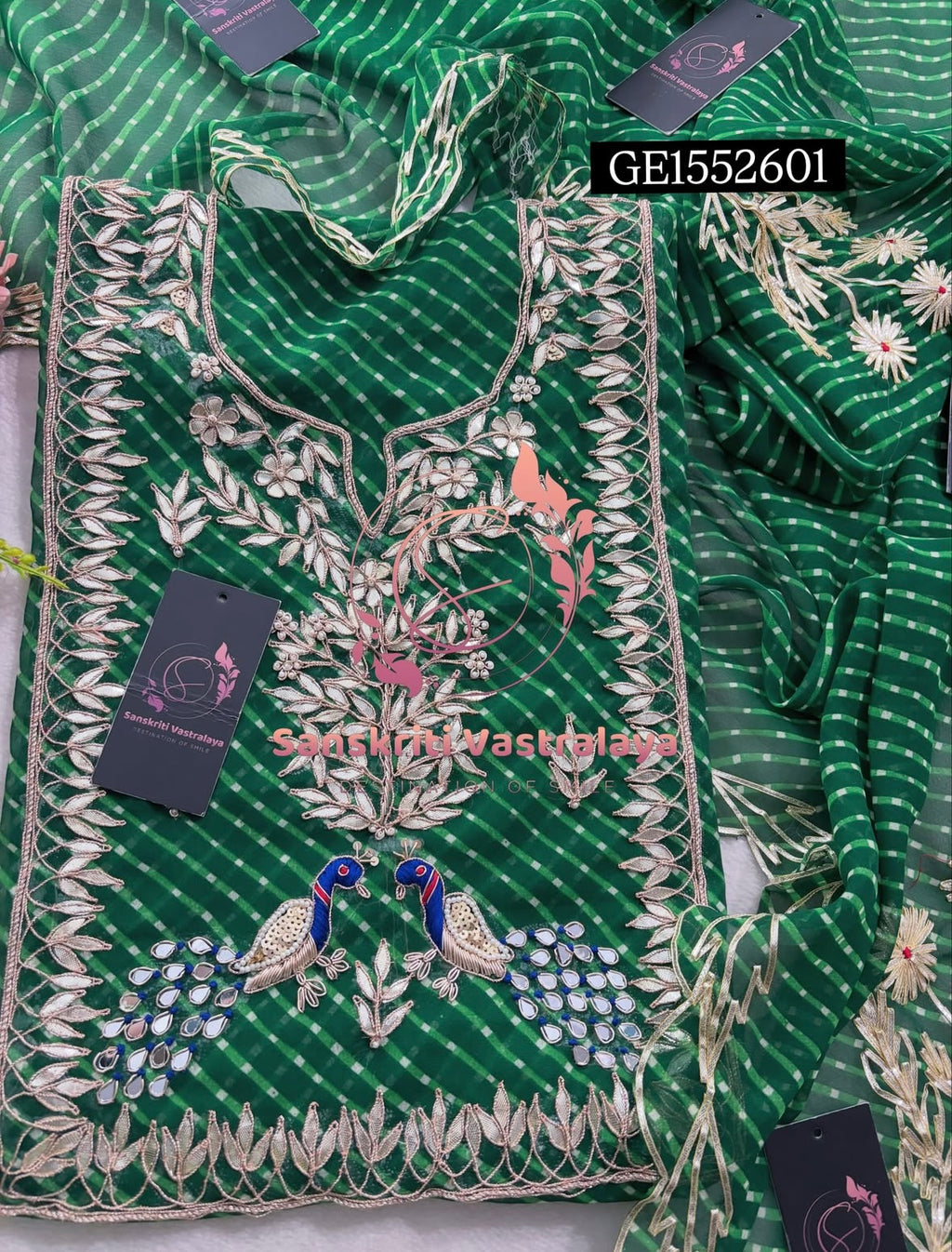 GEORGETTE ZARDOSHI HANDWORK BOTTLE GREEN  3pc UNSTICHED SUIT JAIPURI GOTA PATTI  GE1552601