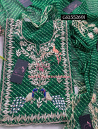 GEORGETTE ZARDOSHI HANDWORK BOTTLE GREEN  3pc UNSTICHED SUIT JAIPURI GOTA PATTI  GE1552601