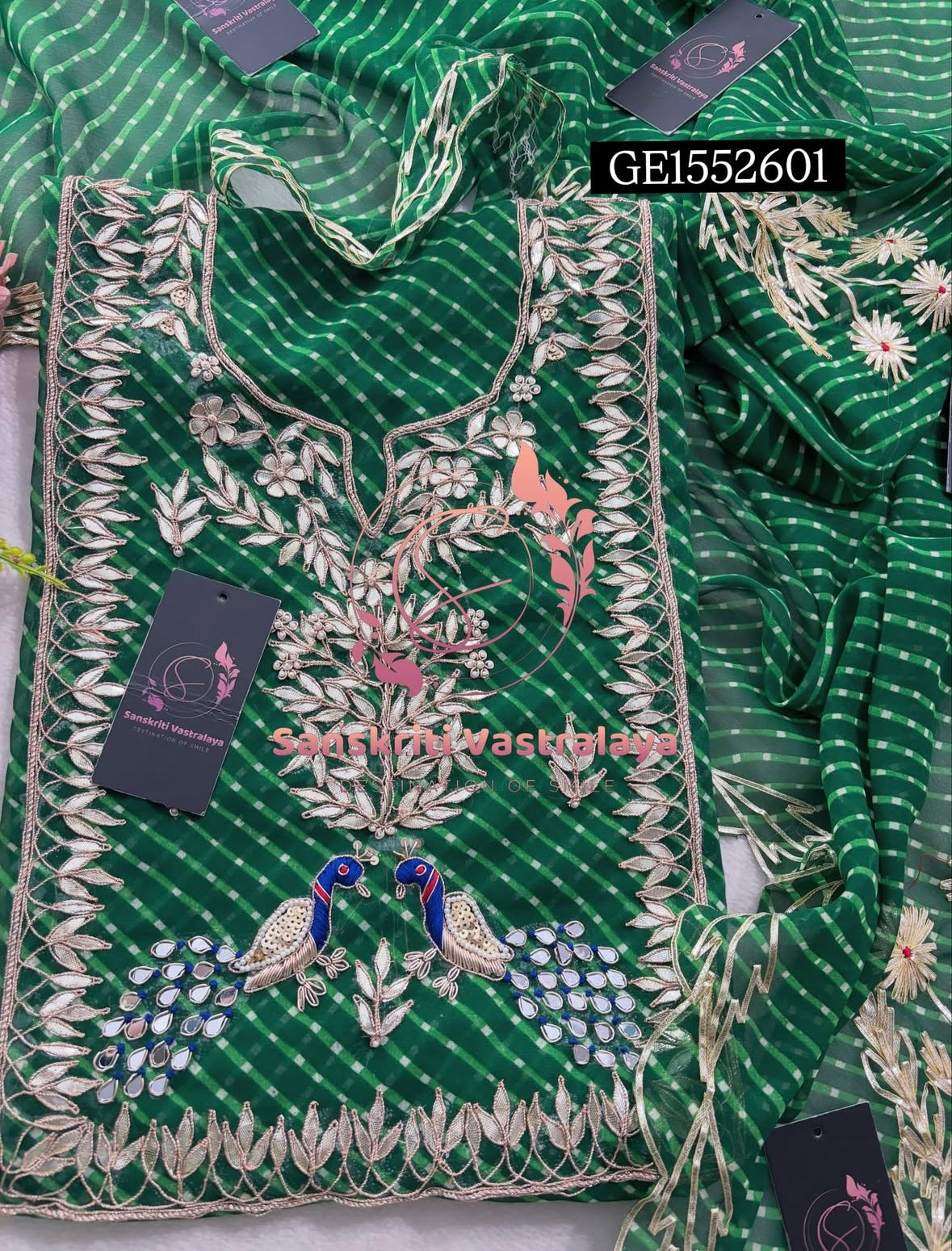 GEORGETTE ZARDOSHI HANDWORK BOTTLE GREEN  3pc UNSTICHED SUIT JAIPURI GOTA PATTI  GE1552601