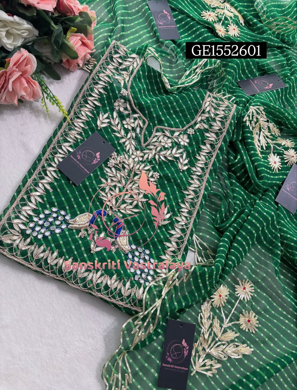 GEORGETTE ZARDOSHI HANDWORK BOTTLE GREEN  3pc UNSTICHED SUIT JAIPURI GOTA PATTI  GE1552601