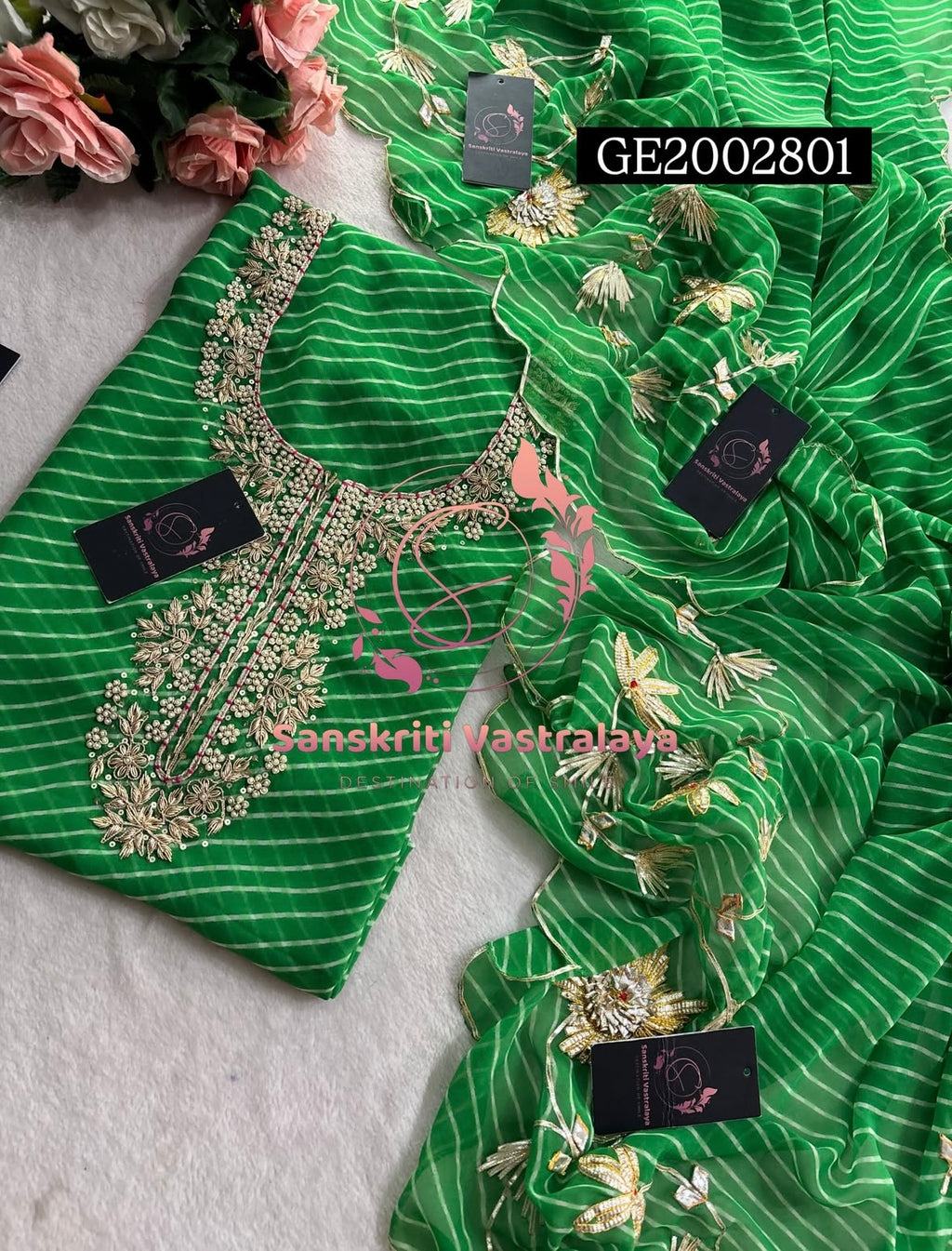 GEORGETTE Zardogi Handwork 3pc LIGHT GREEN MOTHRA UNSTICHED Suit jaipuri GOTA PATTI  GE2002801