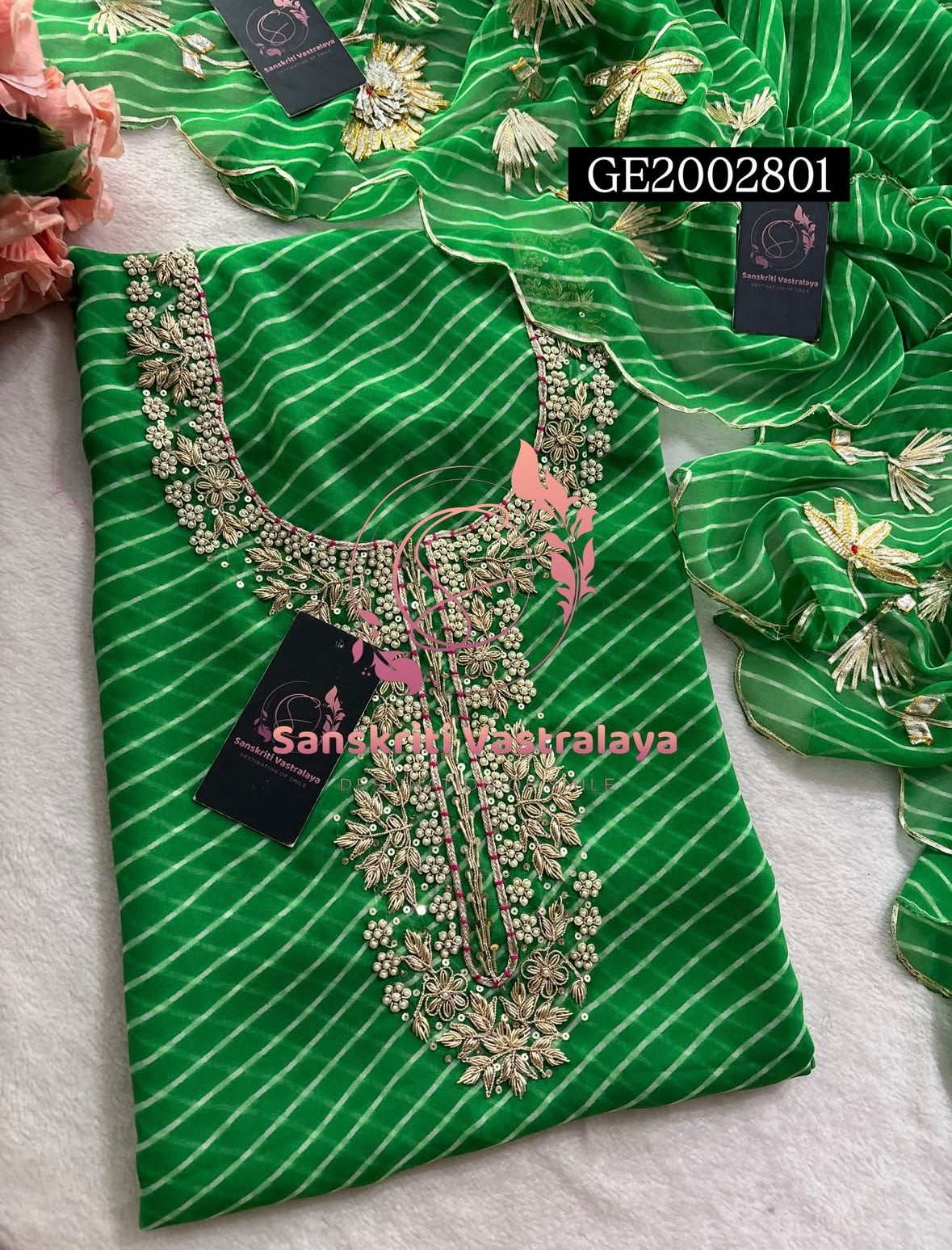 GEORGETTE Zardogi Handwork 3pc LIGHT GREEN MOTHRA UNSTICHED Suit jaipuri GOTA PATTI  GE2002801