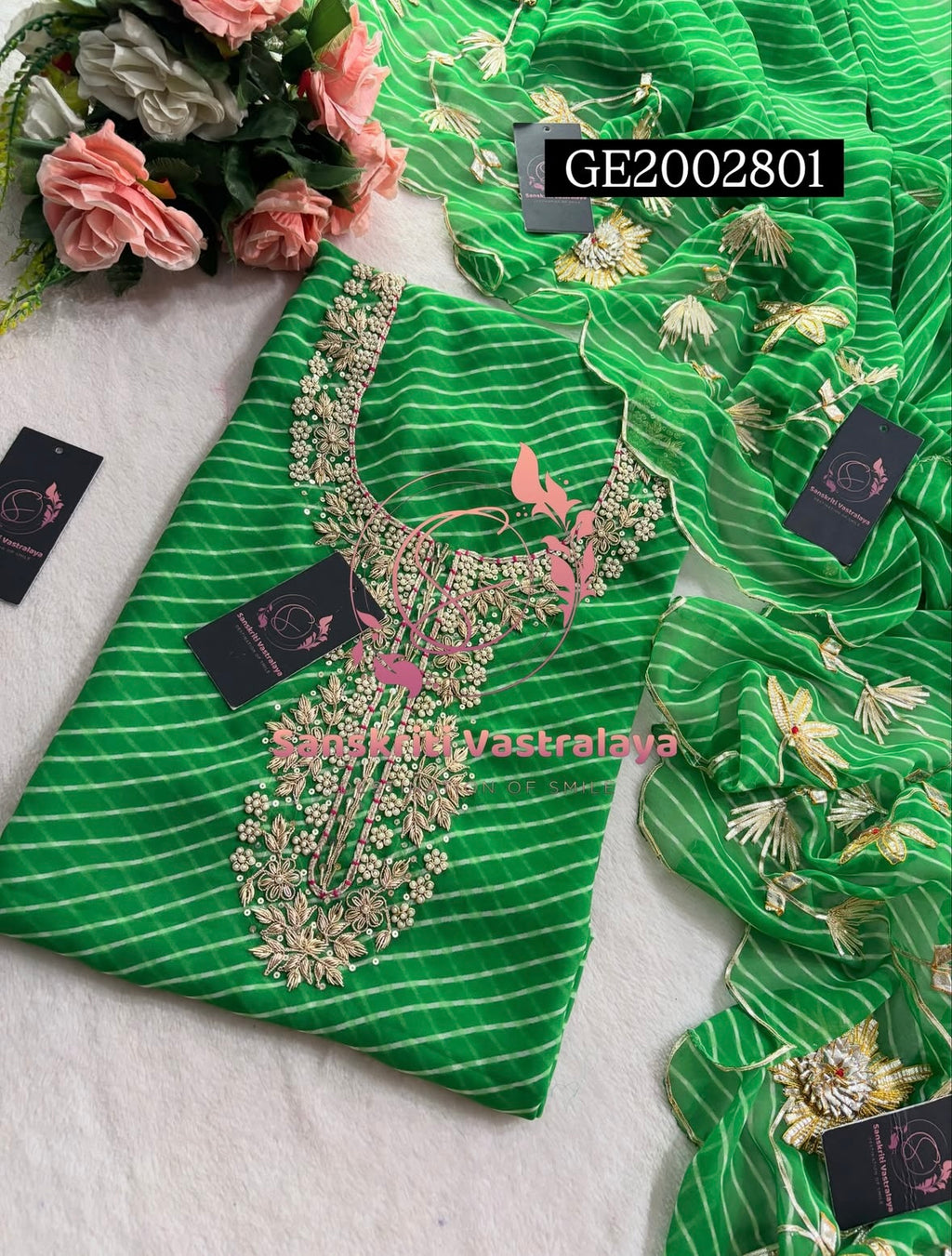 GEORGETTE Zardogi Handwork 3pc LIGHT GREEN MOTHRA UNSTICHED Suit jaipuri GOTA PATTI  GE2002801