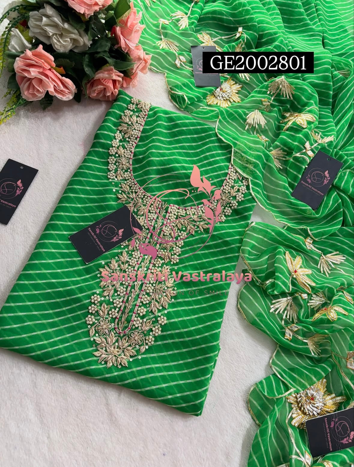 GEORGETTE Zardogi Handwork 3pc LIGHT GREEN MOTHRA UNSTICHED Suit jaipuri GOTA PATTI  GE2002801