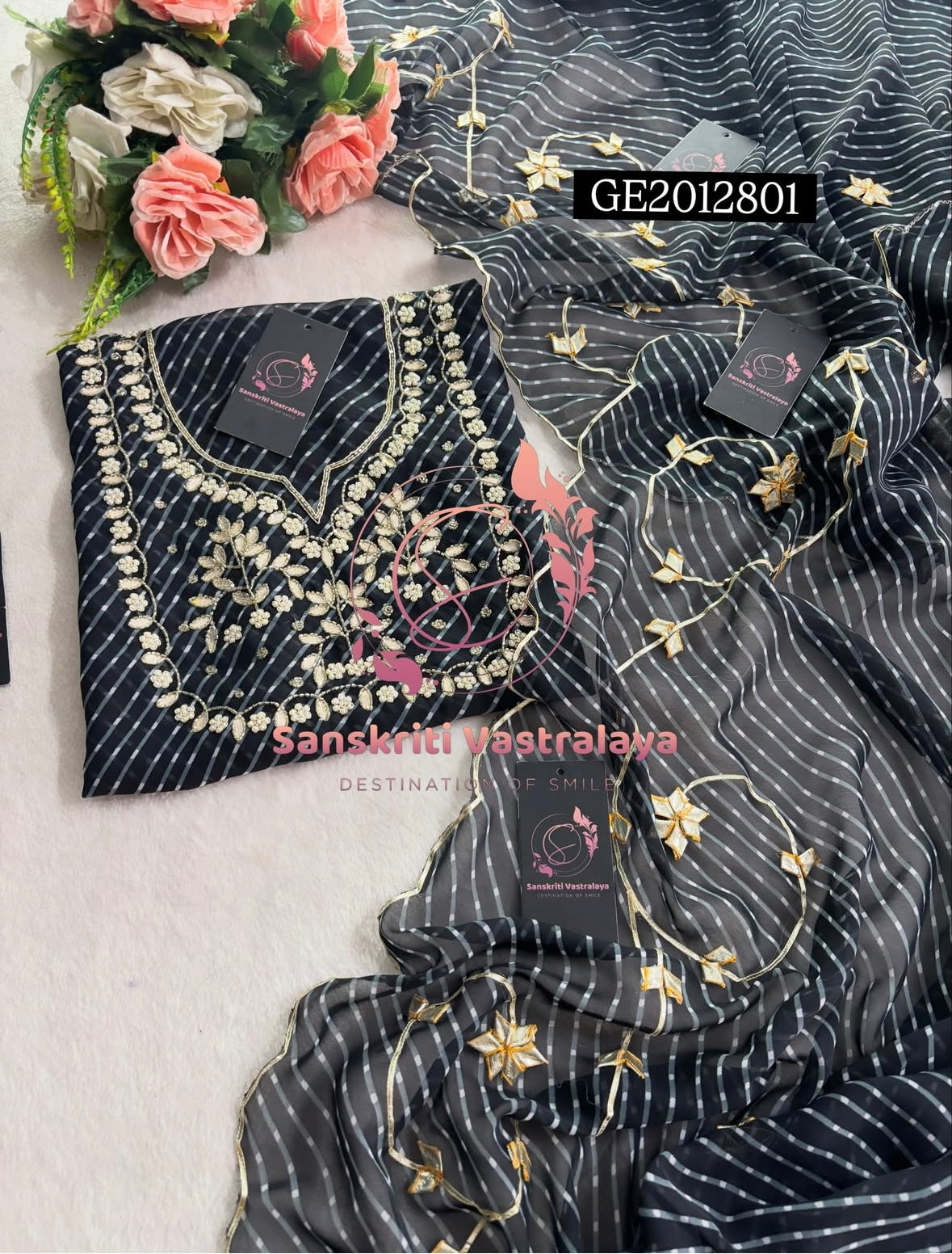GEORGETTE Zardogi Handwork 3pc BLACK MOTHRA  UNSTICHED Suit jaipuri GOTA PATTI  GE2012801