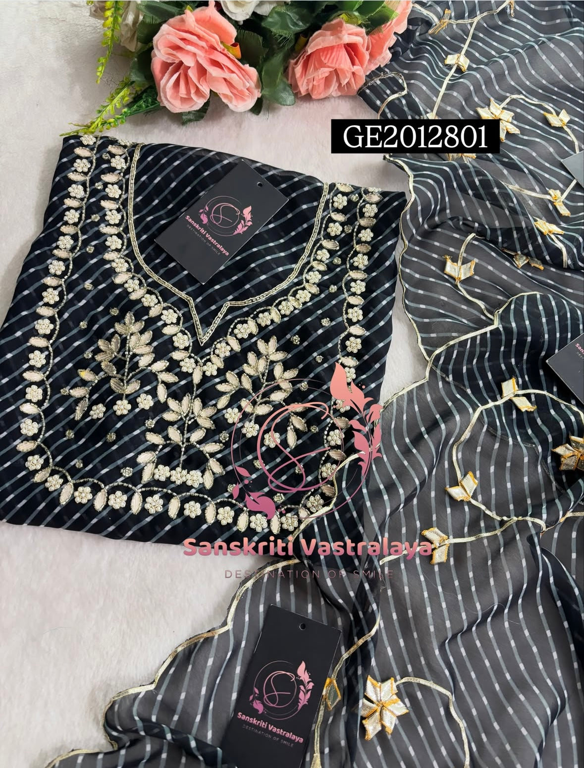 GEORGETTE Zardogi Handwork 3pc BLACK MOTHRA  UNSTICHED Suit jaipuri GOTA PATTI  GE2012801