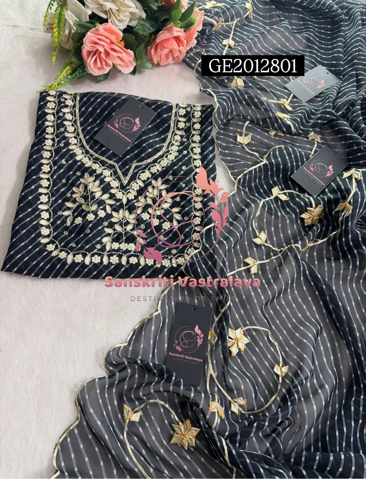 GEORGETTE Zardogi Handwork 3pc BLACK MOTHRA  UNSTICHED Suit jaipuri GOTA PATTI  GE2012801