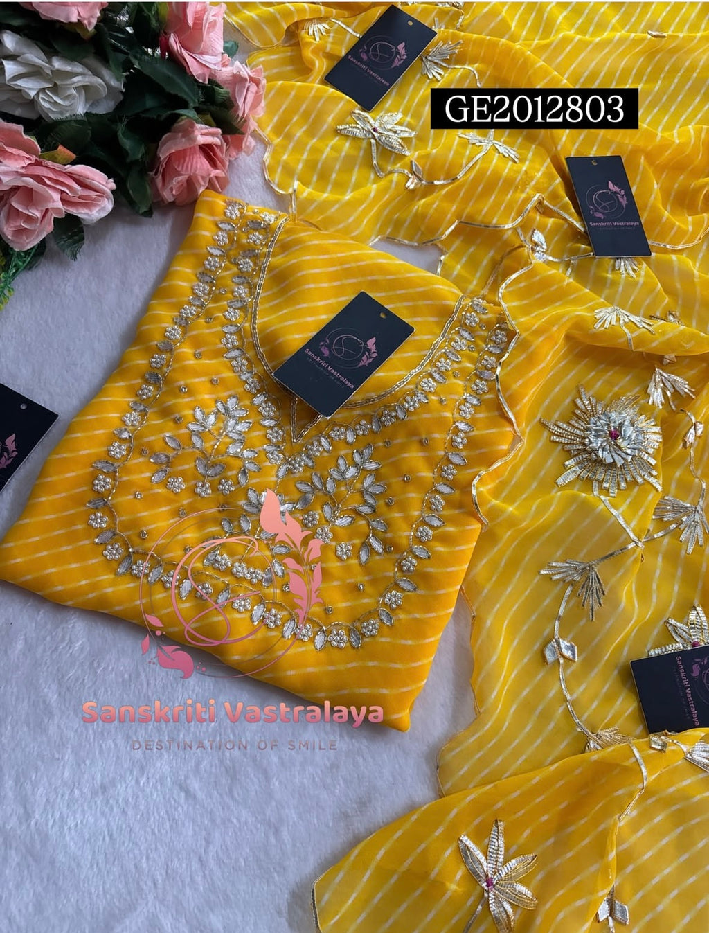 GEORGETTE Zardogi Handwork 3pc YELLOW MOTHRA  UNSTICHED Suit jaipuri GOTA PATTI  GE2012803