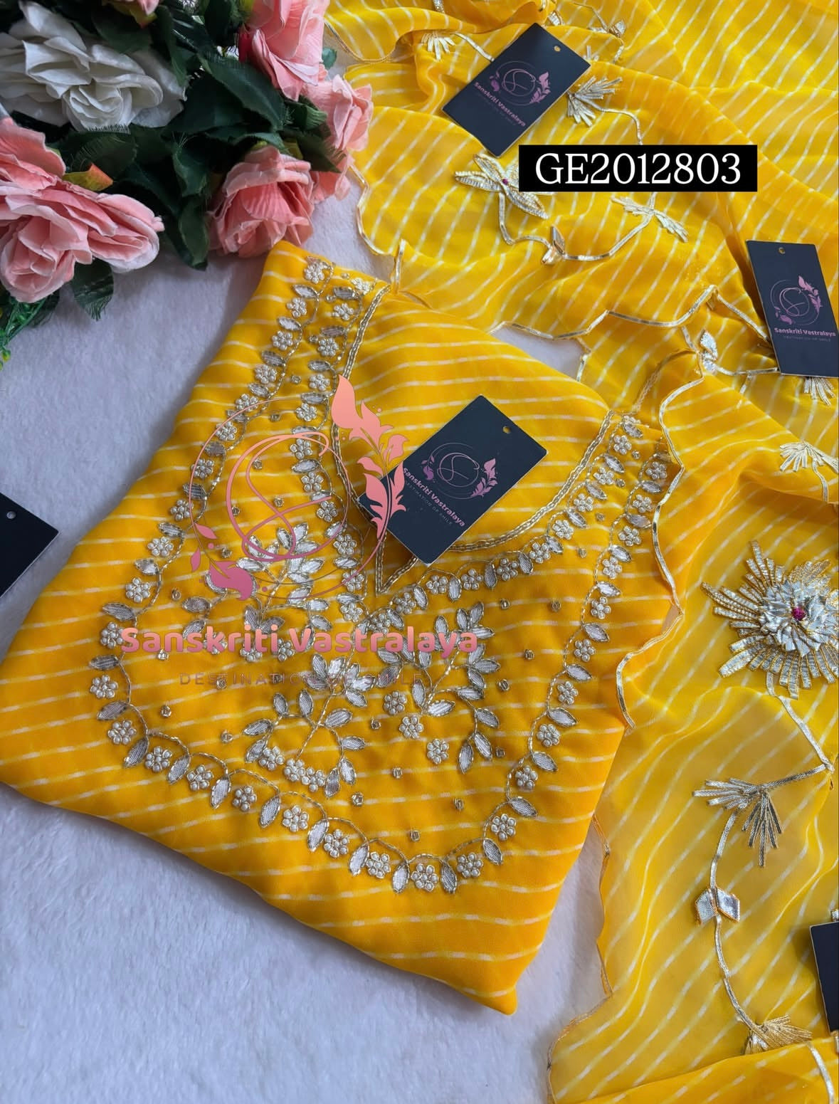 GEORGETTE Zardogi Handwork 3pc YELLOW MOTHRA  UNSTICHED Suit jaipuri GOTA PATTI  GE2012803