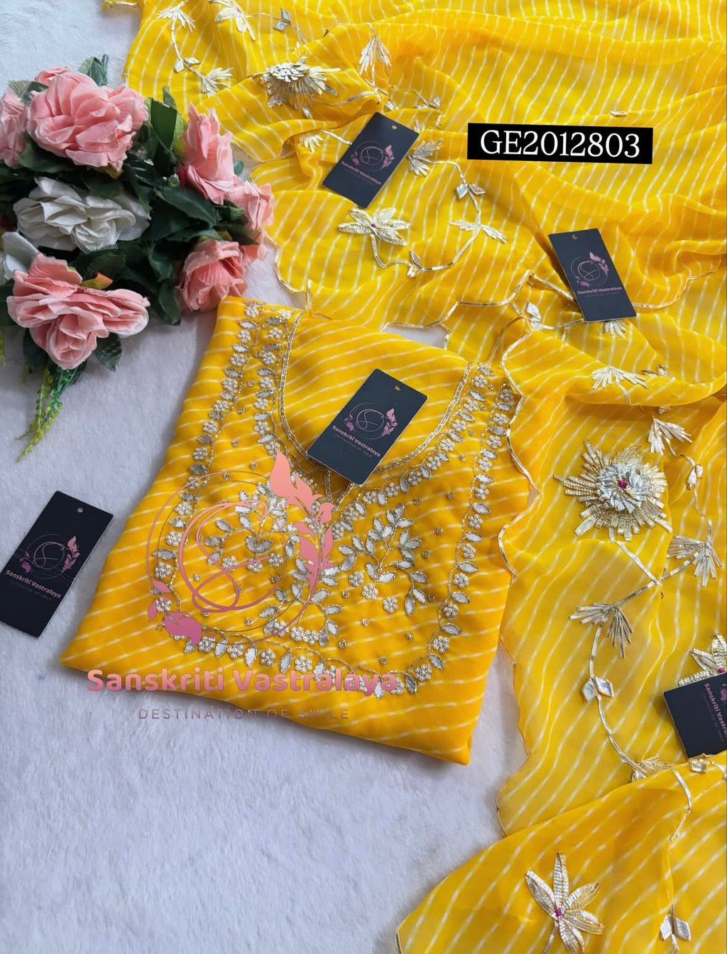 GEORGETTE Zardogi Handwork 3pc YELLOW MOTHRA  UNSTICHED Suit jaipuri GOTA PATTI  GE2012803