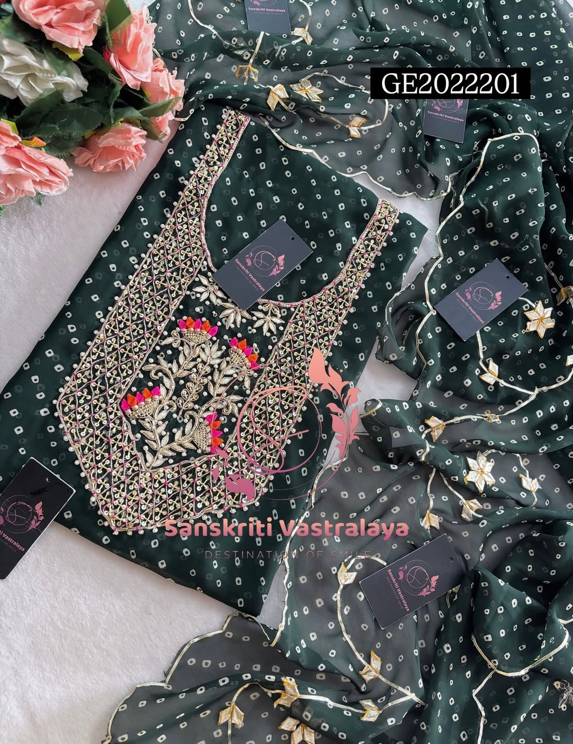 GEORGETTE Zardogi Handwork 3pc  BOTTLE GREEN  UNSTICHED Suit jaipuri GOTA PATTI   GE2022201