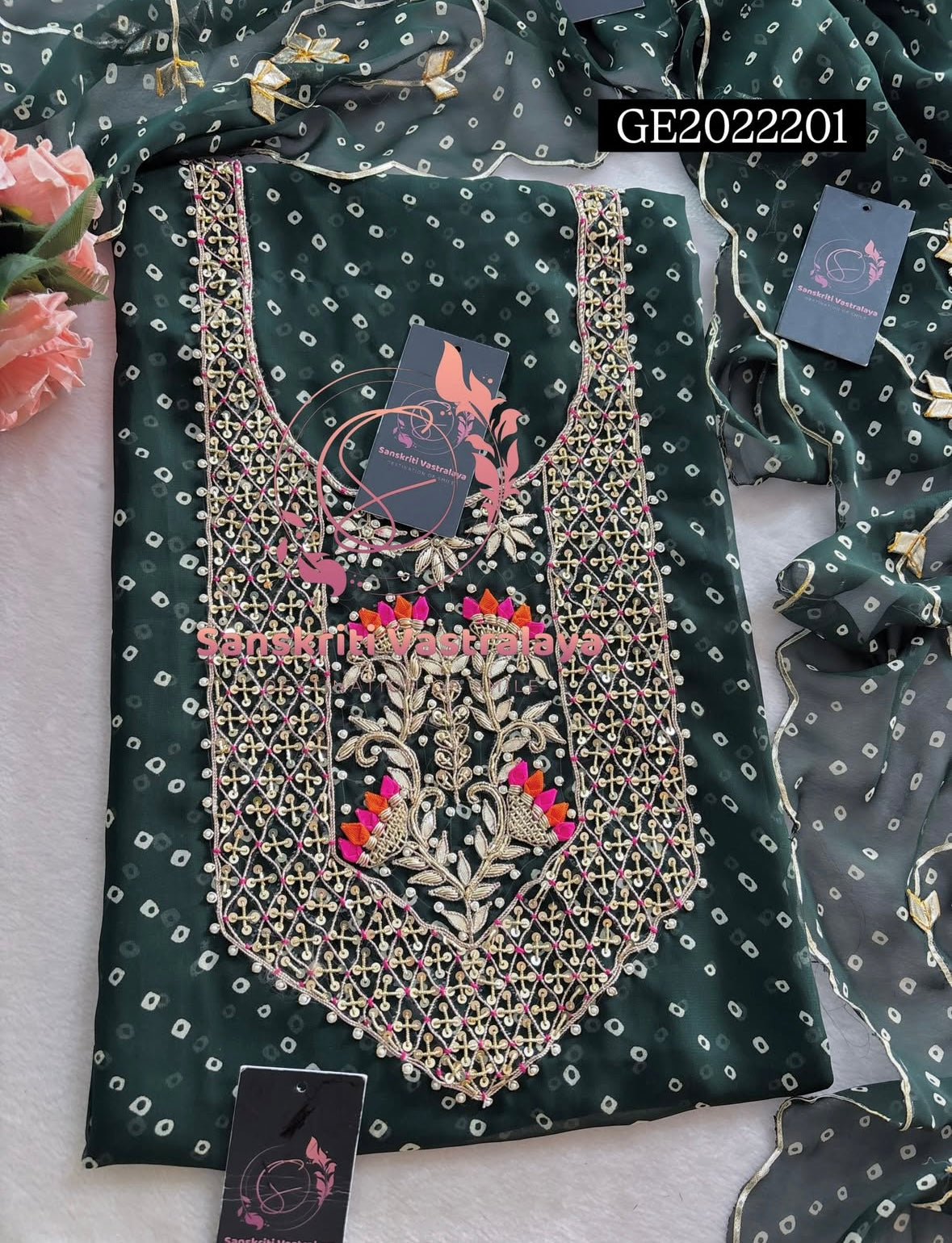 GEORGETTE Zardogi Handwork 3pc  BOTTLE GREEN  UNSTICHED Suit jaipuri GOTA PATTI   GE2022201