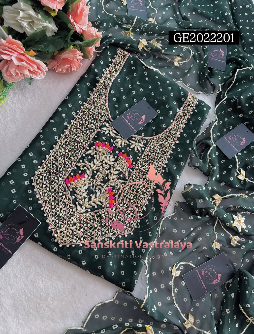 GEORGETTE Zardogi Handwork 3pc  BOTTLE GREEN  UNSTICHED Suit jaipuri GOTA PATTI   GE2022201