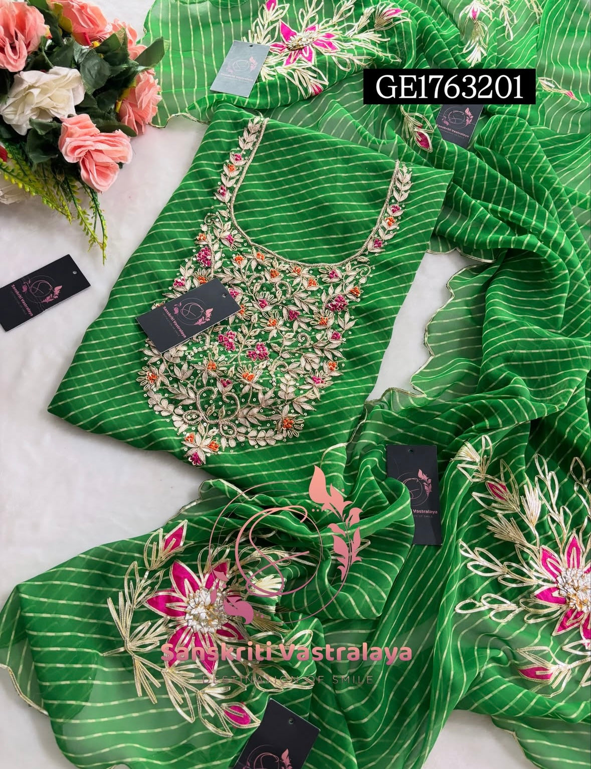 GEORGETTE Zardogi Handwork 3pc  GREEN   UNSTICHED Suit jaipuri GOTA PATTI  GE1763201