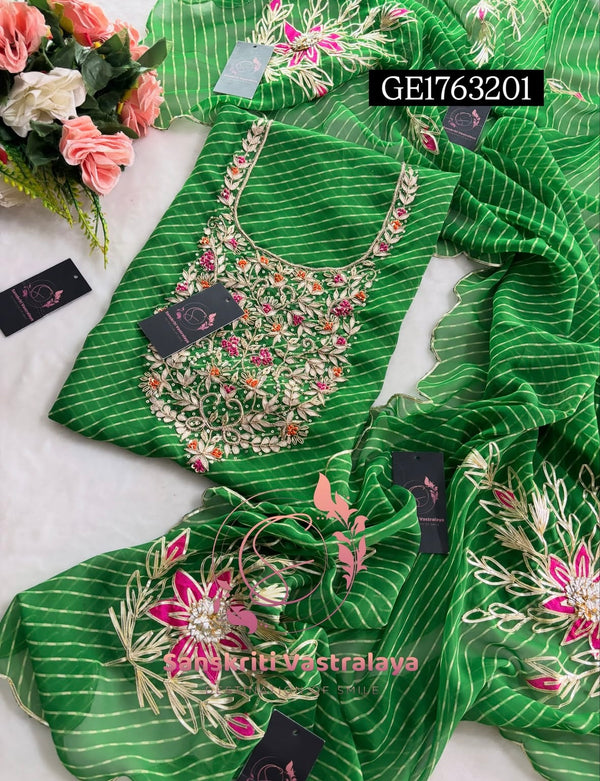 GEORGETTE Zardogi Handwork 3pc  GREEN   UNSTICHED Suit jaipuri GOTA PATTI  GE1763201
