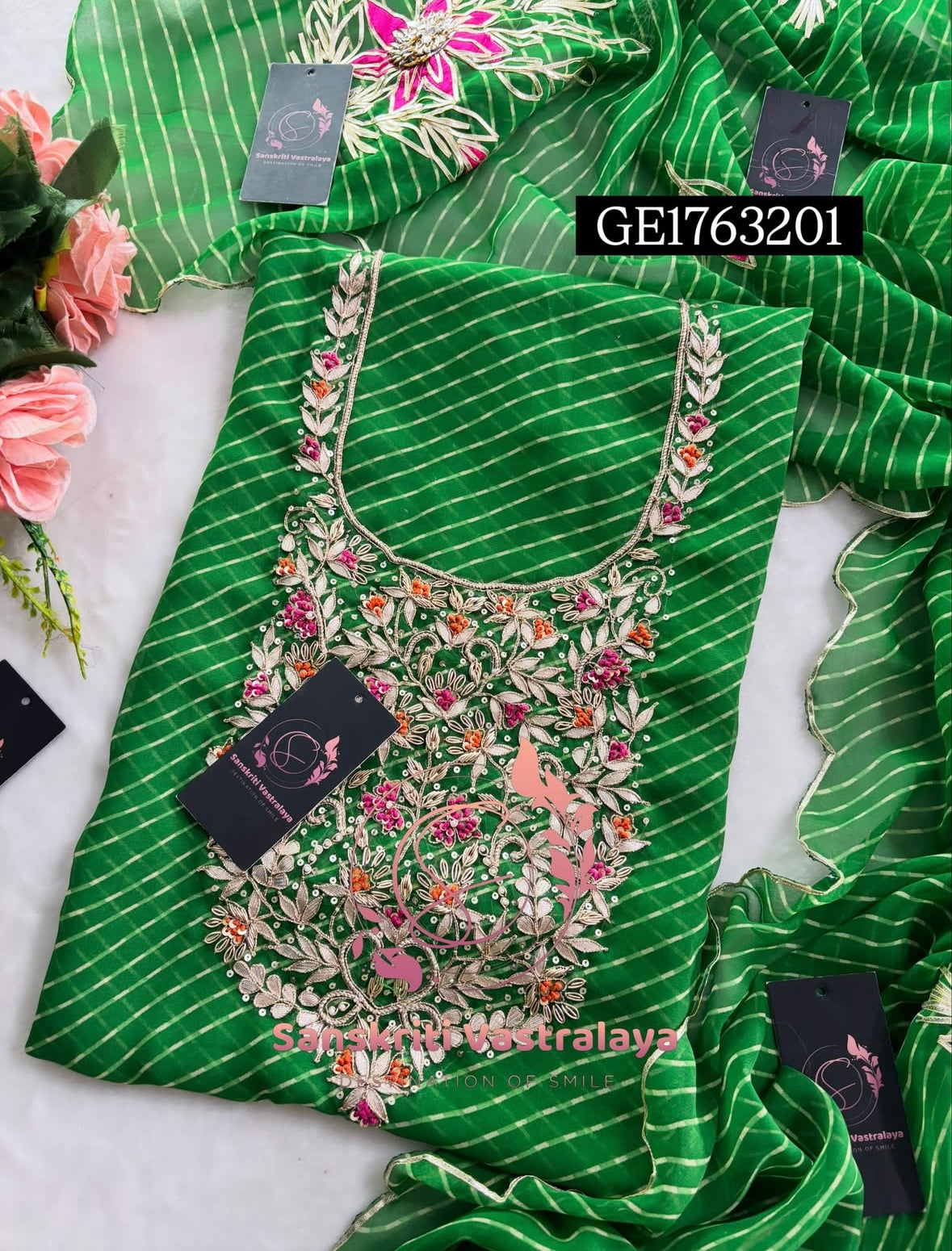 GEORGETTE Zardogi Handwork 3pc  GREEN   UNSTICHED Suit jaipuri GOTA PATTI  GE1763201