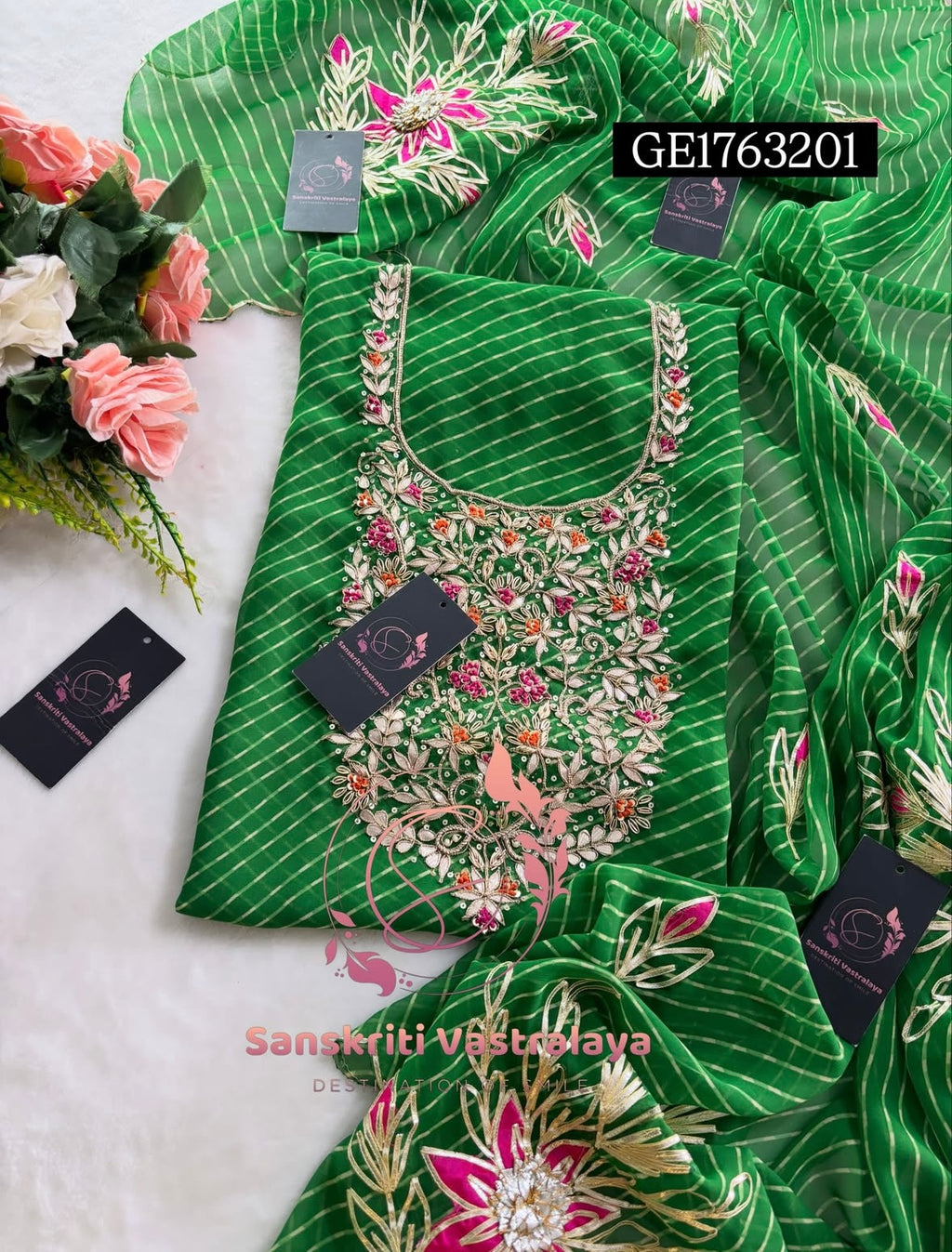 GEORGETTE Zardogi Handwork 3pc  GREEN   UNSTICHED Suit jaipuri GOTA PATTI  GE1763201